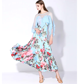 Light Blue Floral Ballroom Practice Dress PRA 1080 - Illusion Neckline, Mesh Sleeves, and Chiffon Floats