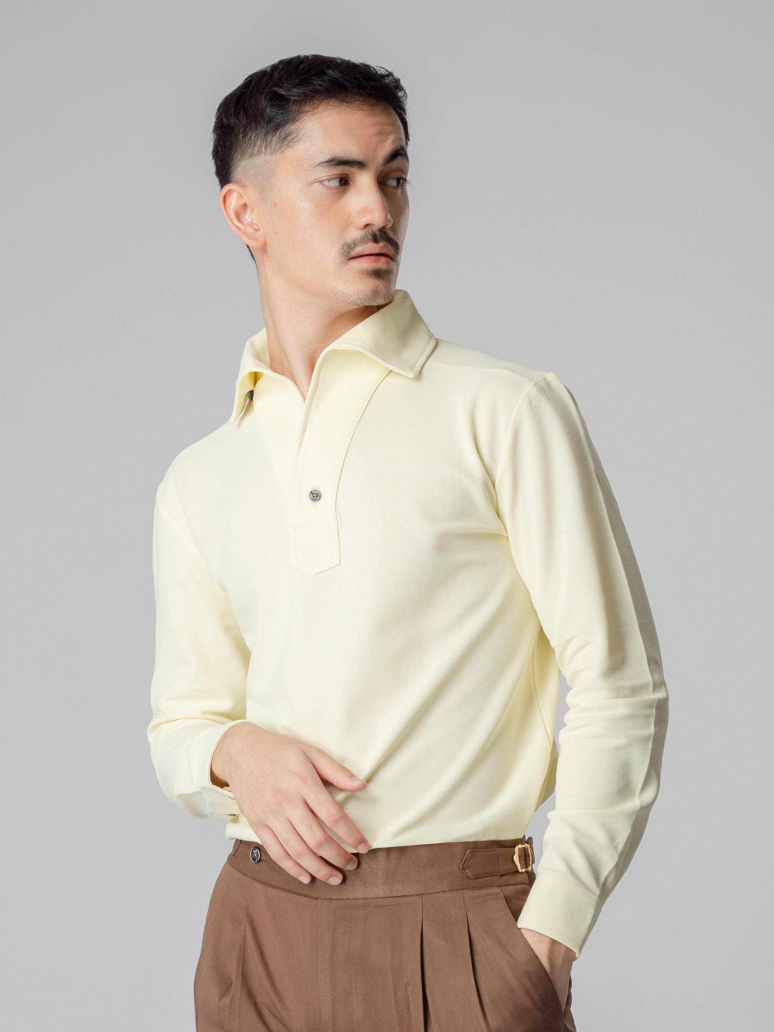 Light Yellow Long Sleeve Polo Shirt with One-Piece Collar and Single Button