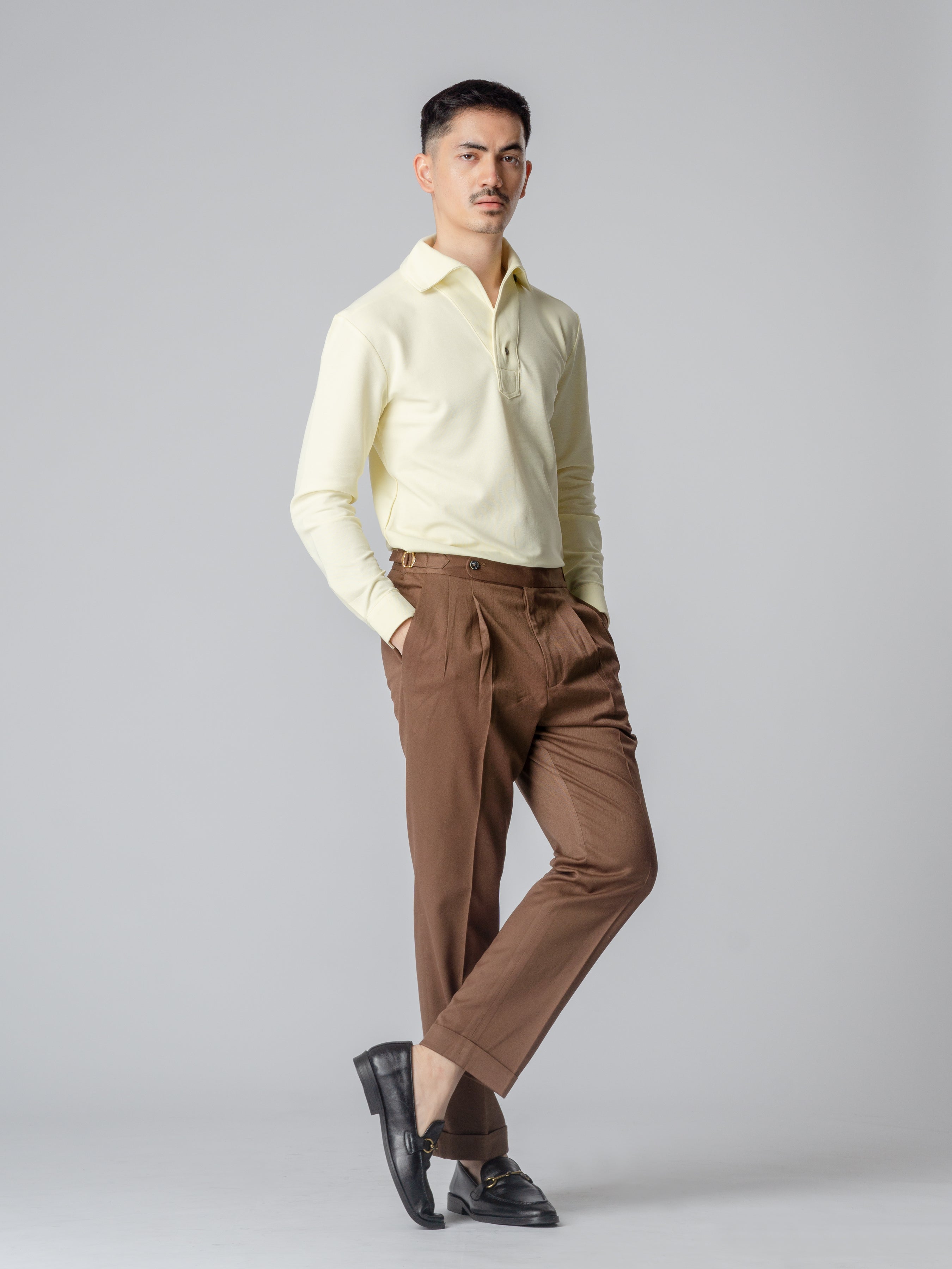 Light Yellow Long Sleeve Polo Shirt with One-Piece Collar and Single Button