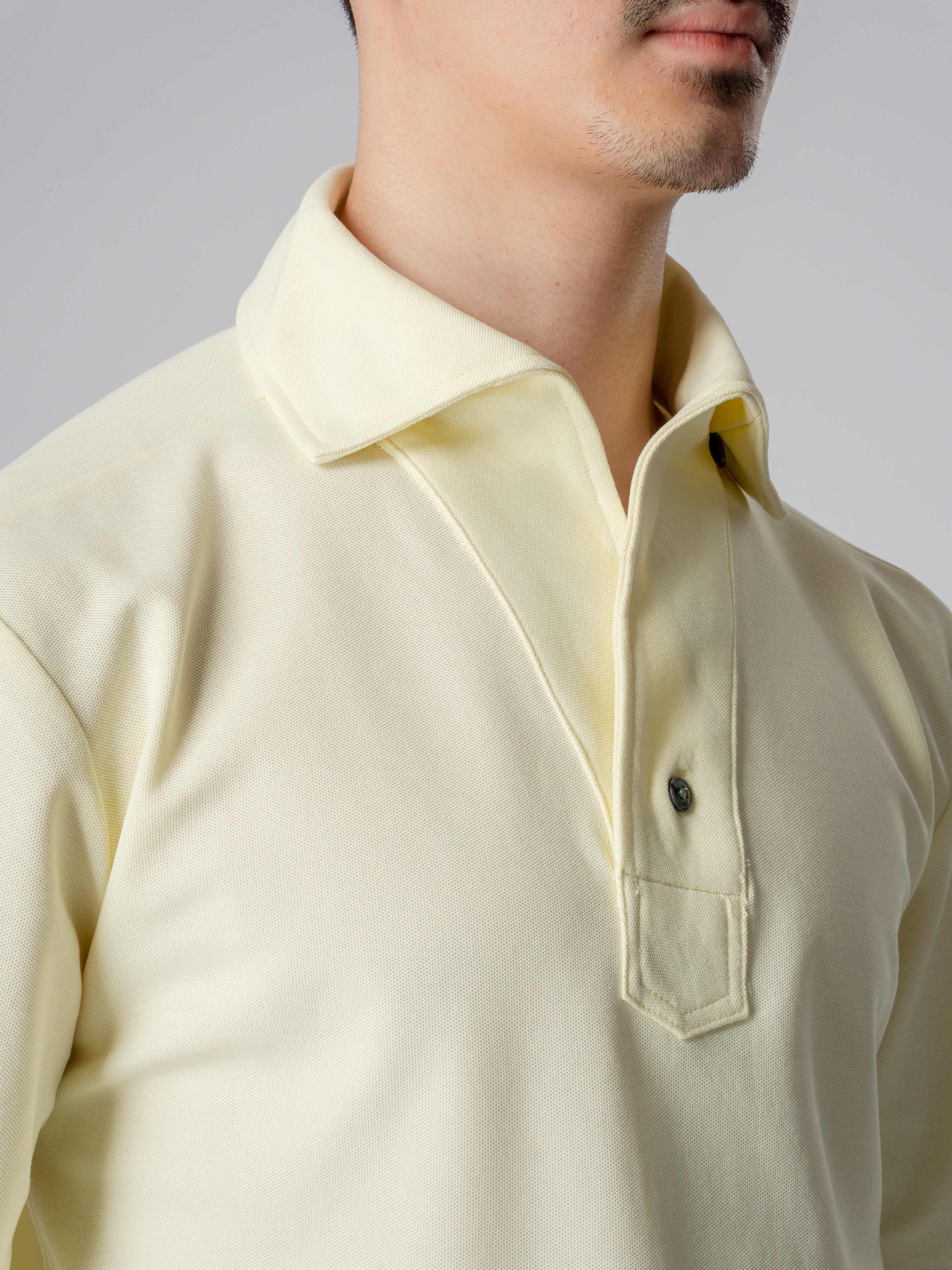 Light Yellow Long Sleeve Polo Shirt with One-Piece Collar and Single Button