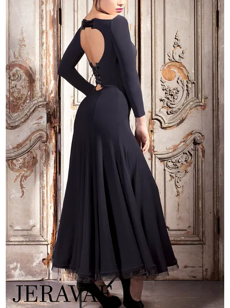 Long Ballroom Practice Dress with Long Sleeves and Lace-up Back, 3 Colors, Sizes S-3X PRA 380.