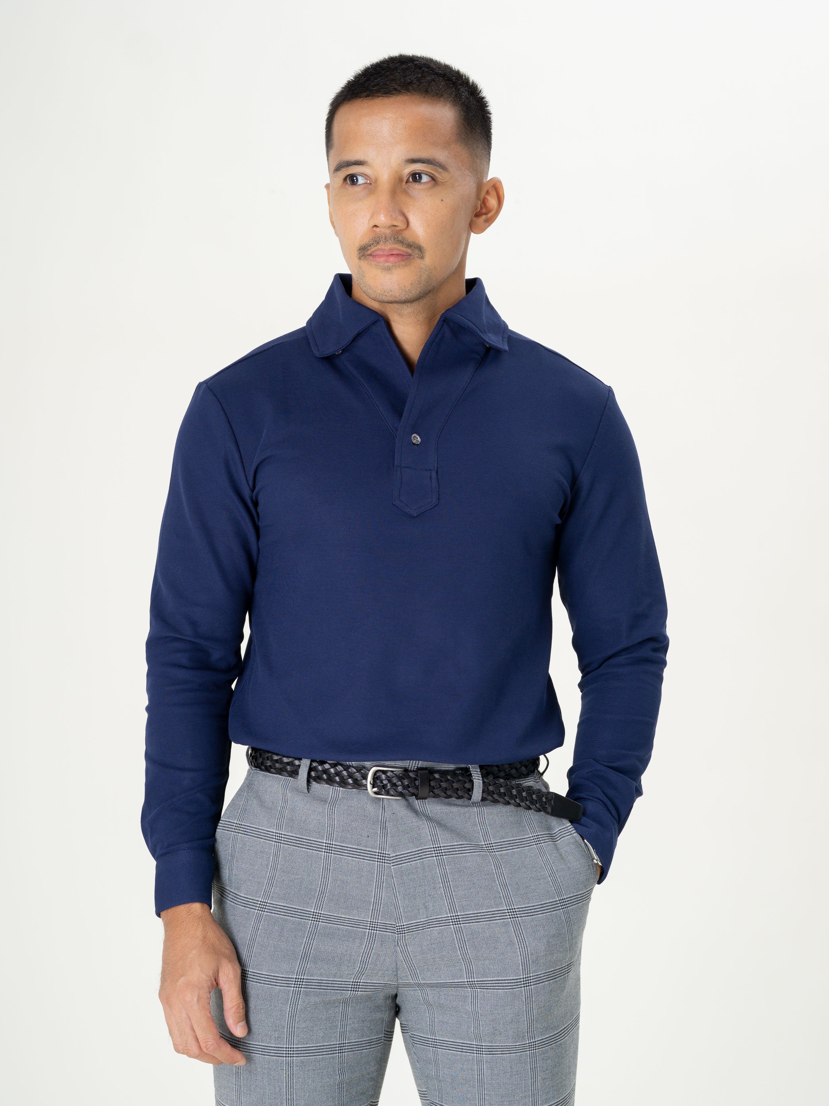 Long Sleeve Navy Blue Polo Shirt with One-Piece Collar and Single Button.