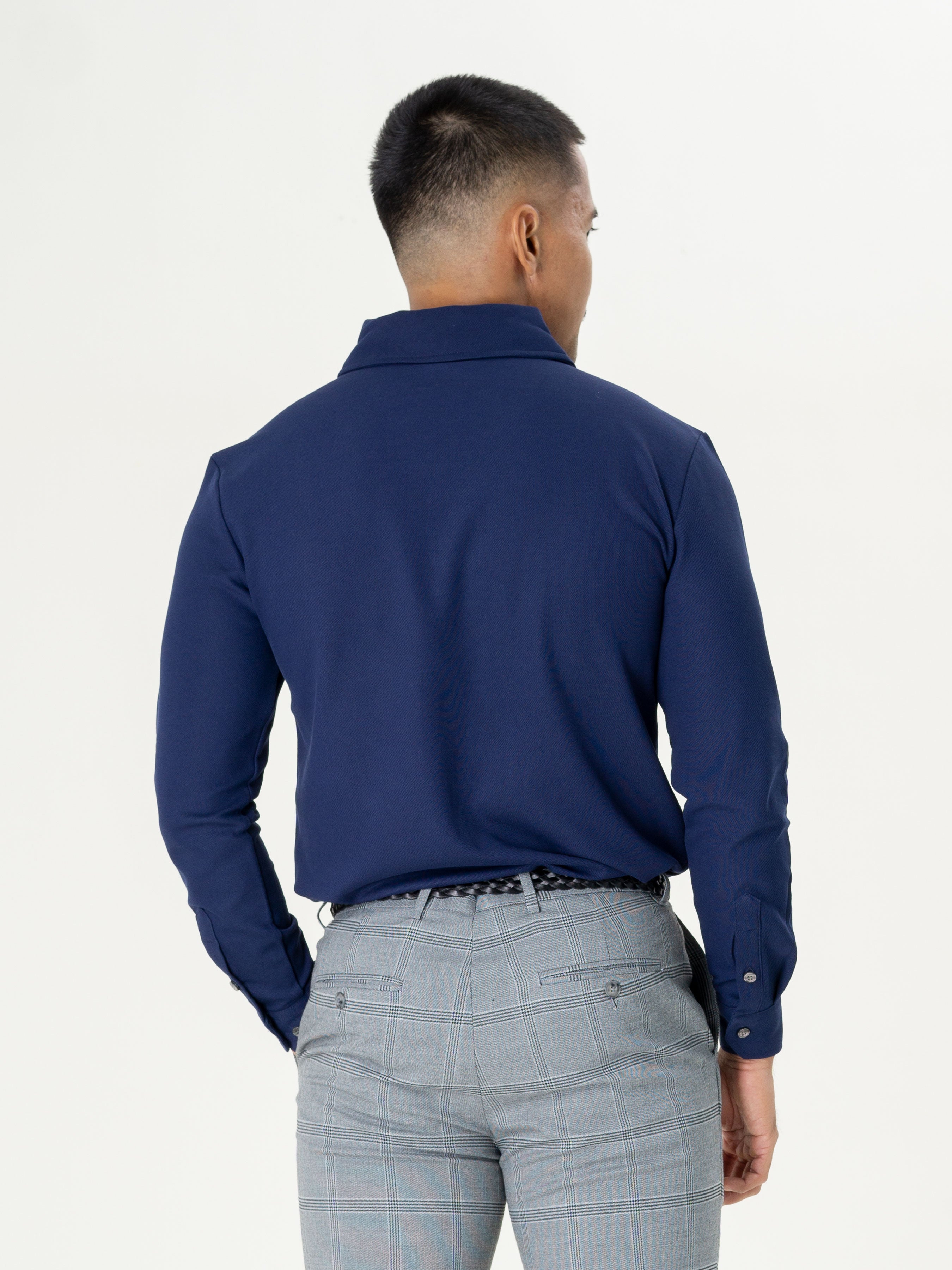 Long Sleeve Navy Blue Polo Shirt with One-Piece Collar and Single Button.