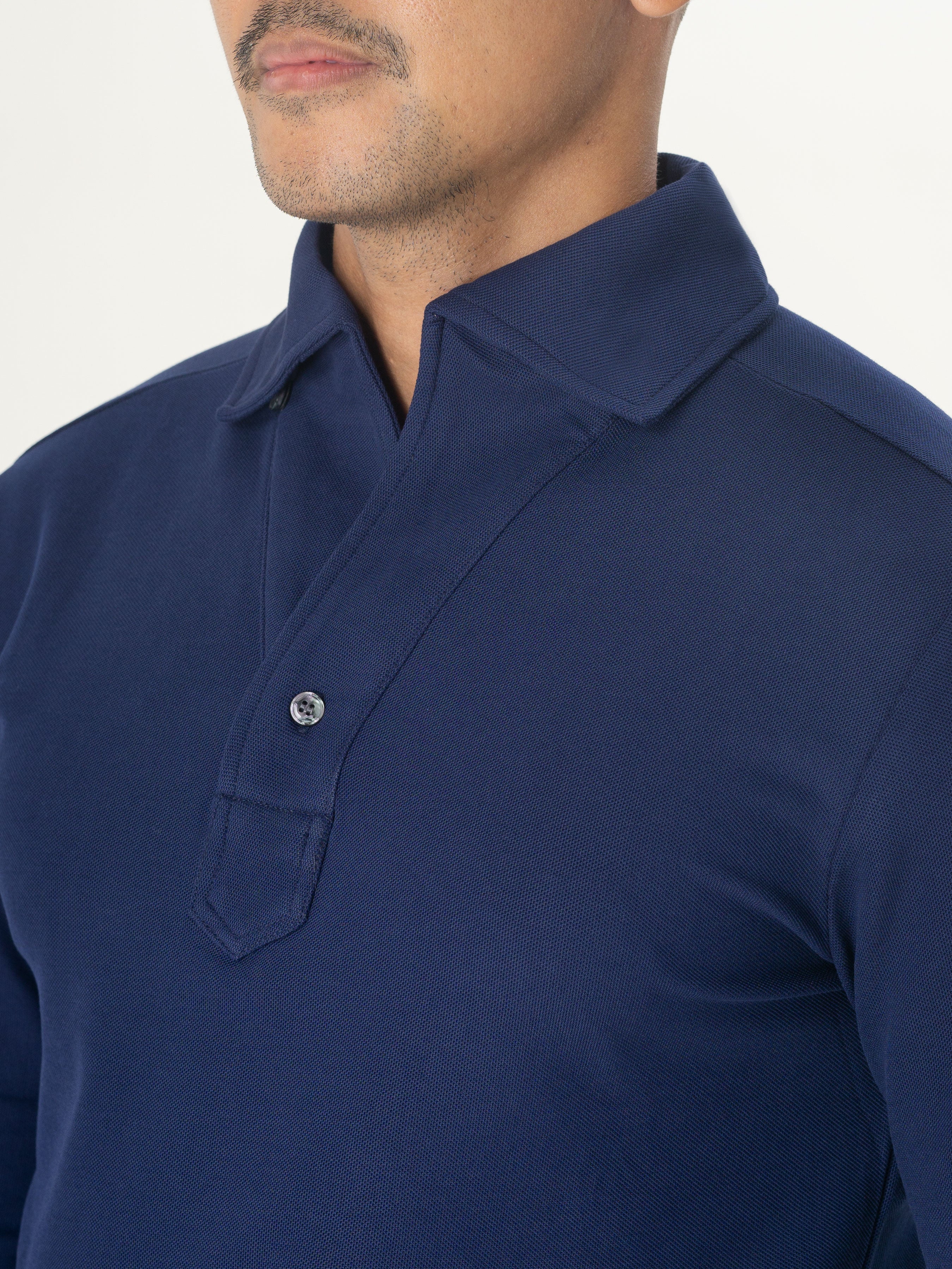 Long Sleeve Navy Blue Polo Shirt with One-Piece Collar and Single Button.