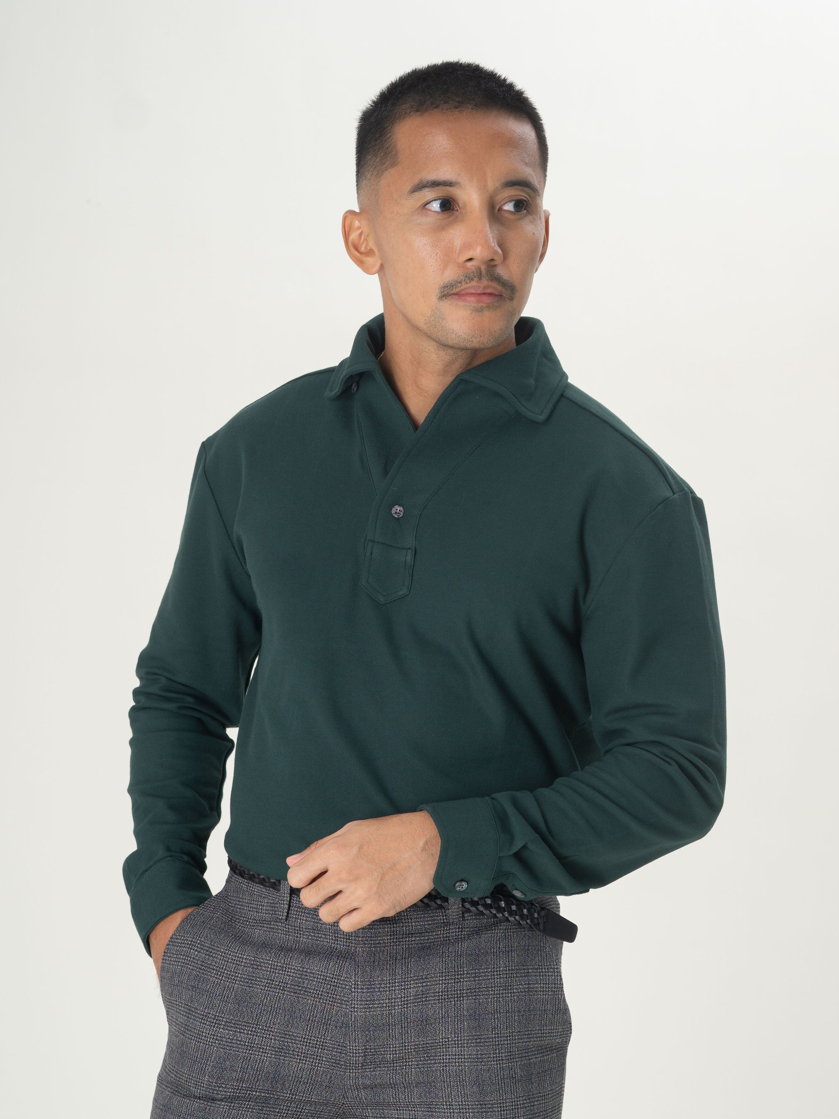 Long Sleeve Polo Shirt - Deep Green One-Piece Collar Single Button