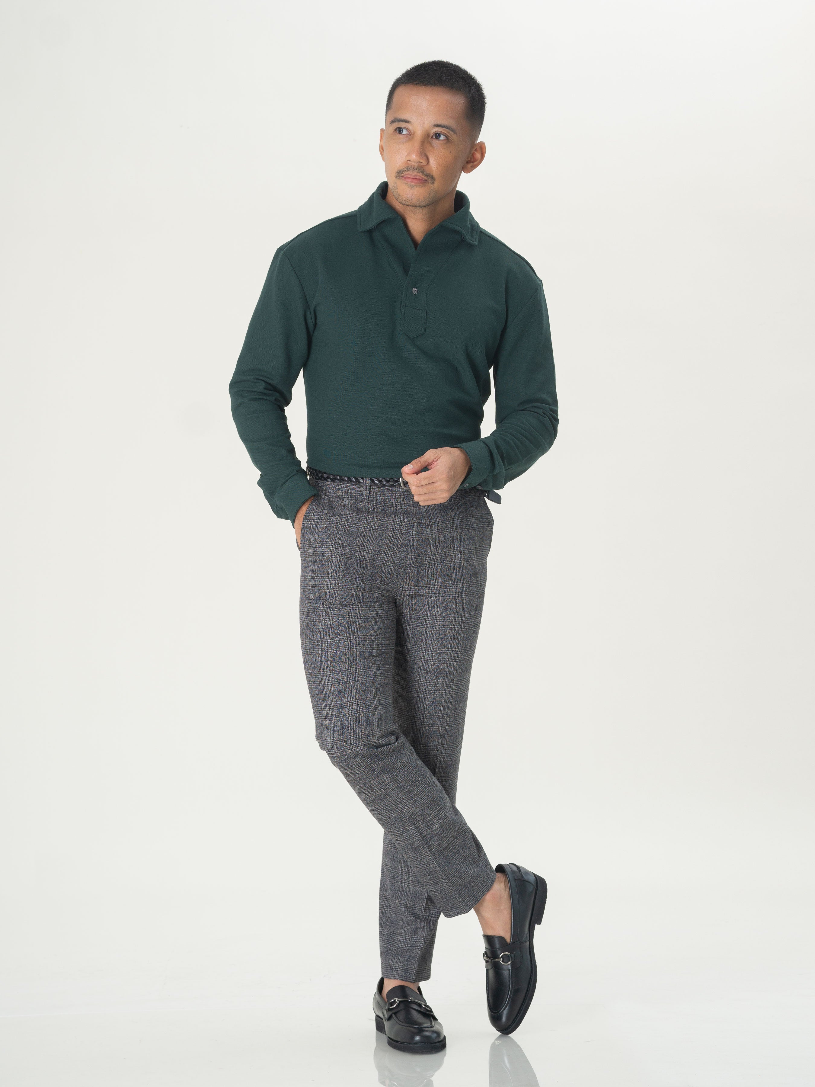 Long Sleeve Polo Shirt - Deep Green One-Piece Collar Single Button