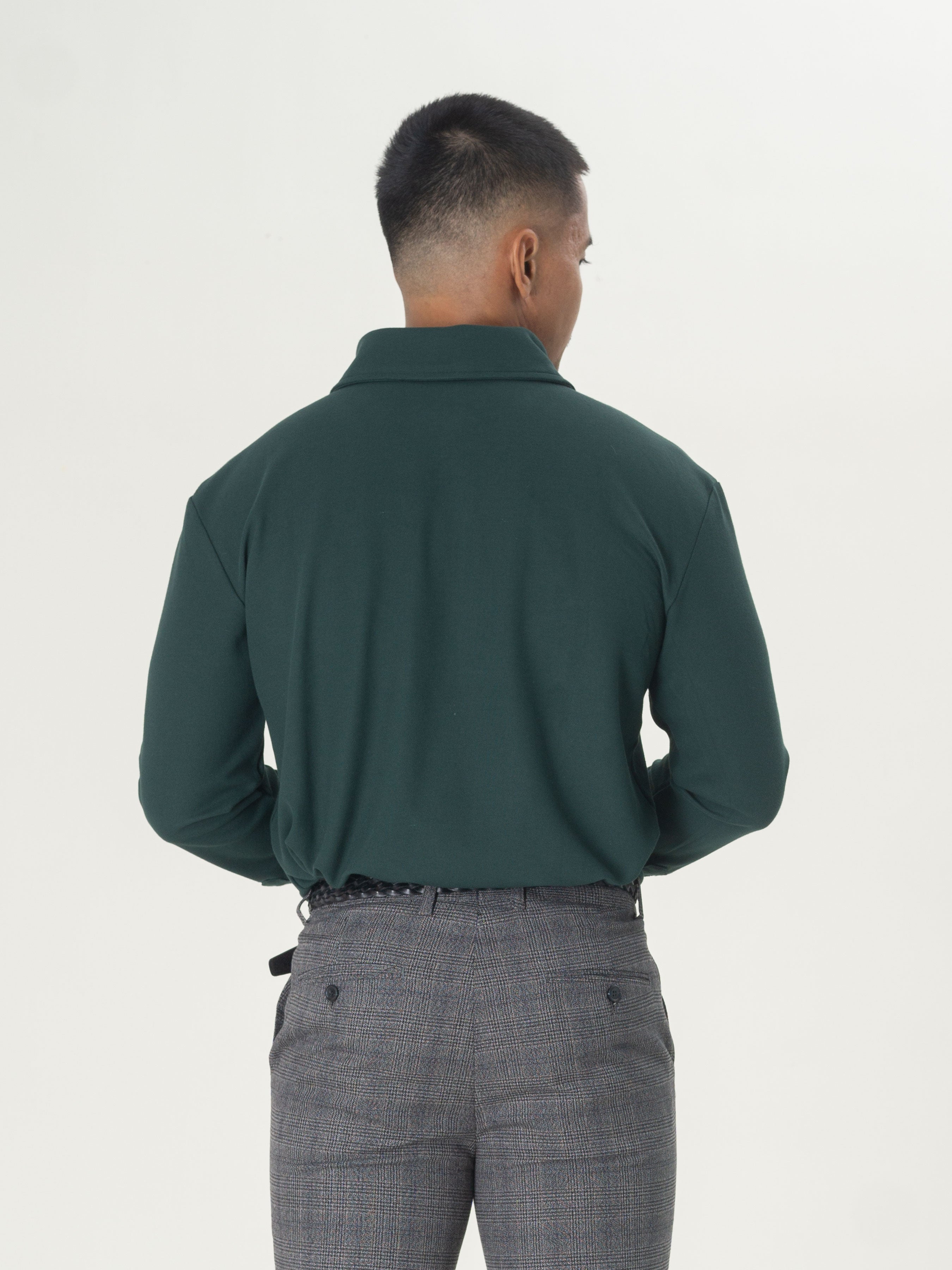 Long Sleeve Polo Shirt - Deep Green One-Piece Collar Single Button