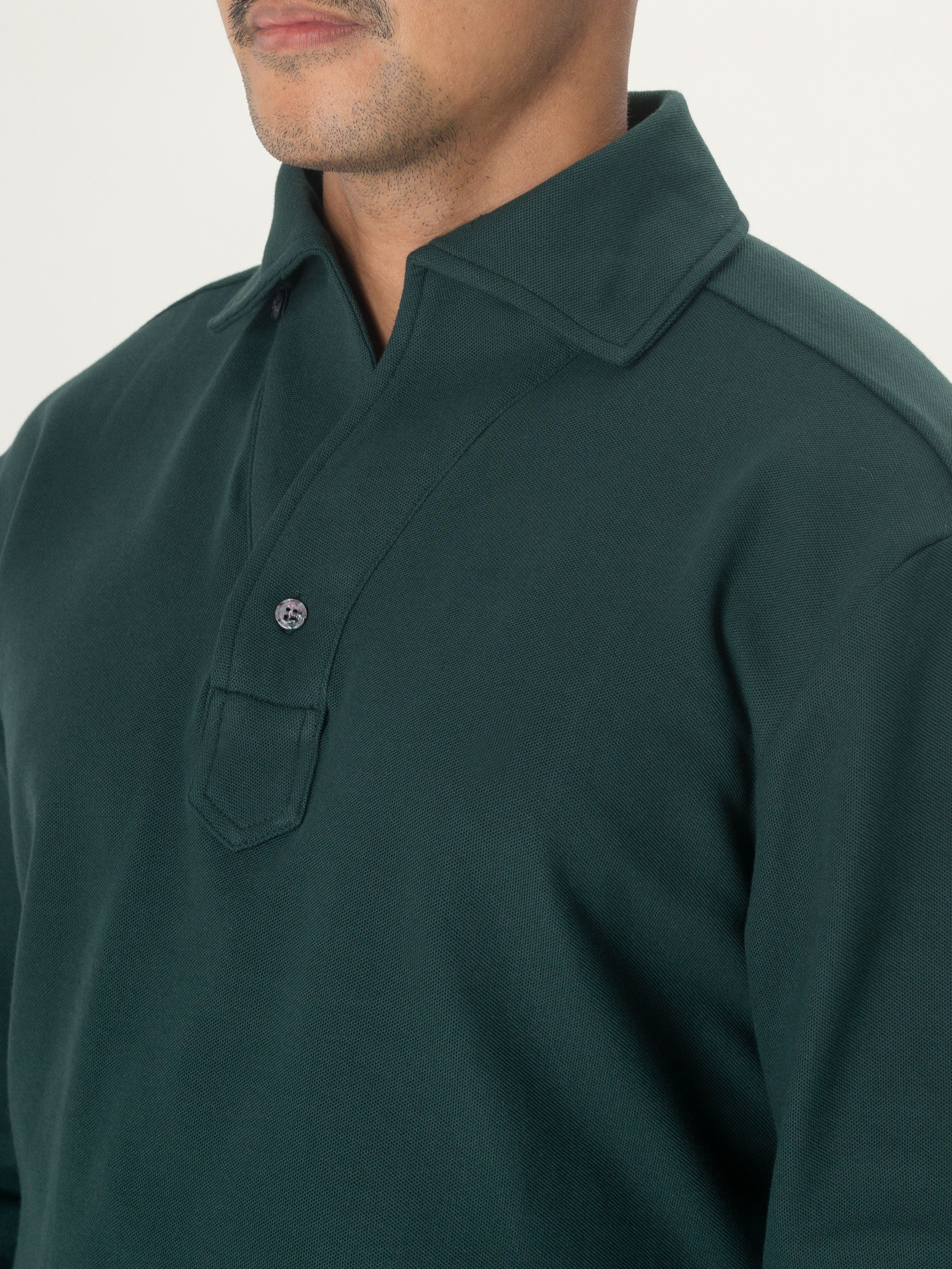 Long Sleeve Polo Shirt - Deep Green One-Piece Collar Single Button