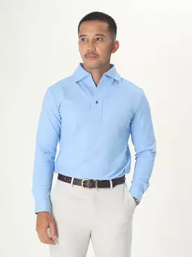 Long Sleeve Polo Shirt - Sky Blue, One-Piece Collar, Single Button