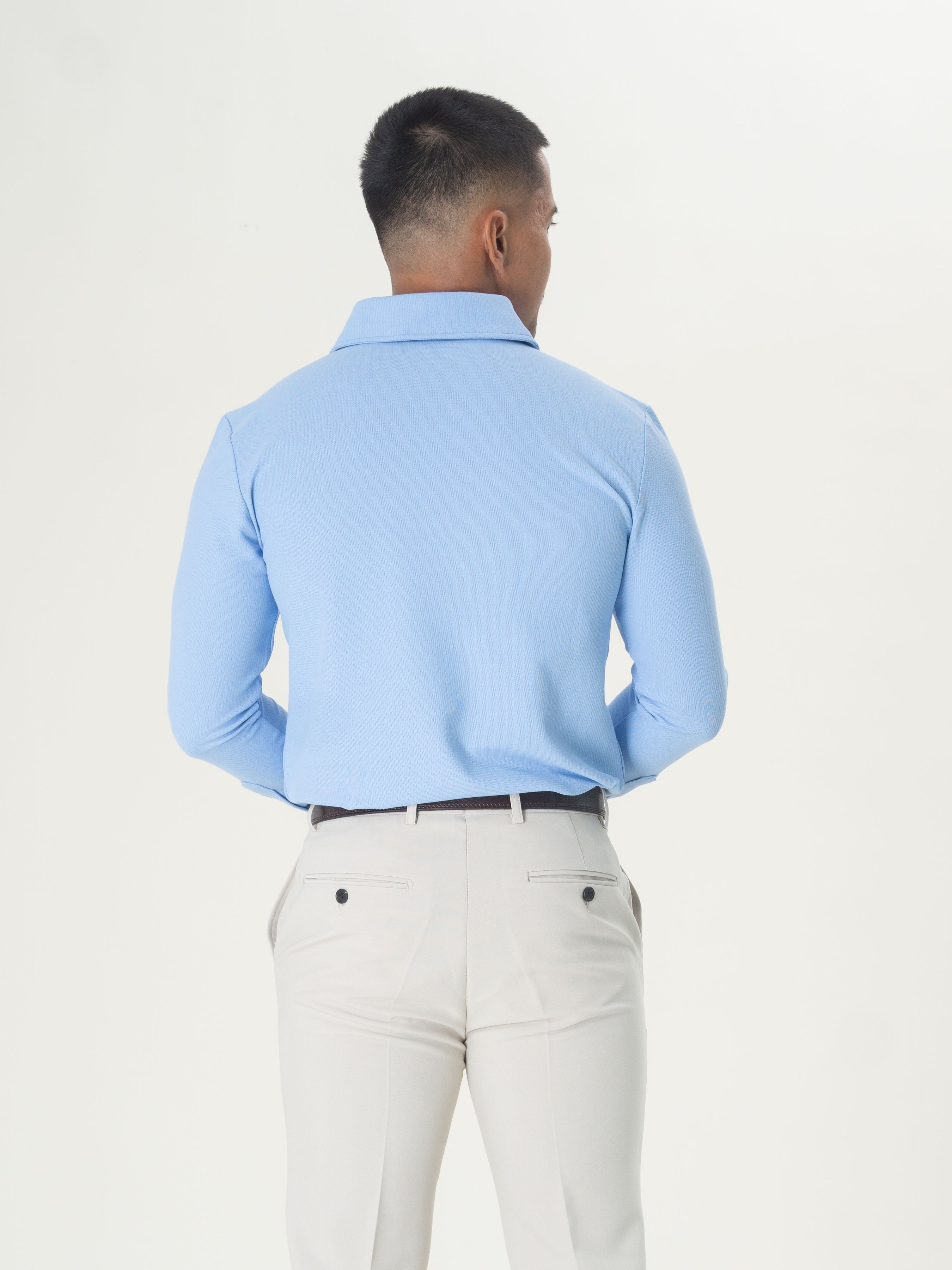 Long Sleeve Polo Shirt - Sky Blue, One-Piece Collar, Single Button