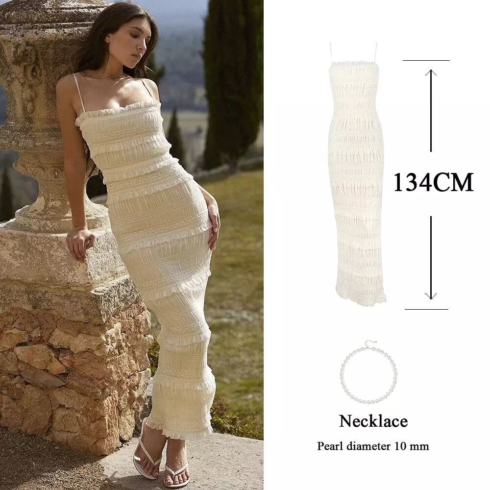 Luxury Maxi Dress Beige Spaghetti Strap Wedding Party Prom