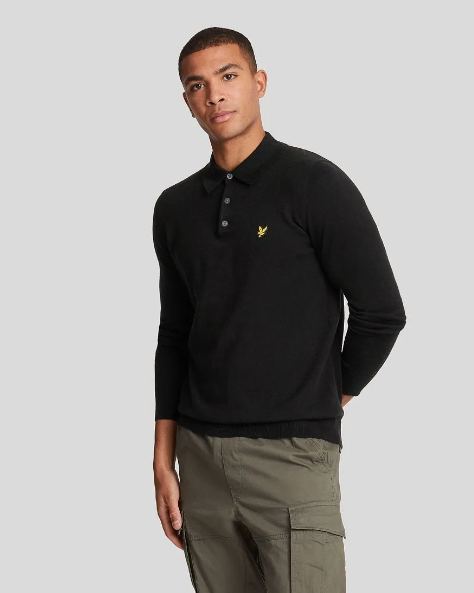 Jet Black Lyle & Scott Merino Cotton Polo Shirt Jumper with Long Sleeves