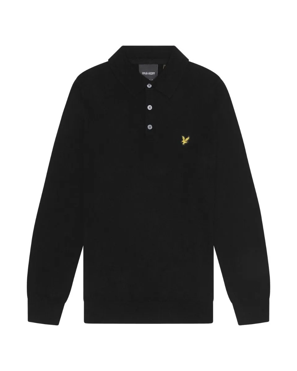 Jet Black Lyle & Scott Merino Cotton Polo Shirt Jumper with Long Sleeves