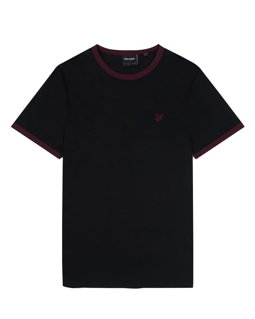 Lyle Scott Ringer Crew Neck T-Shirt Jet Black Burgundy