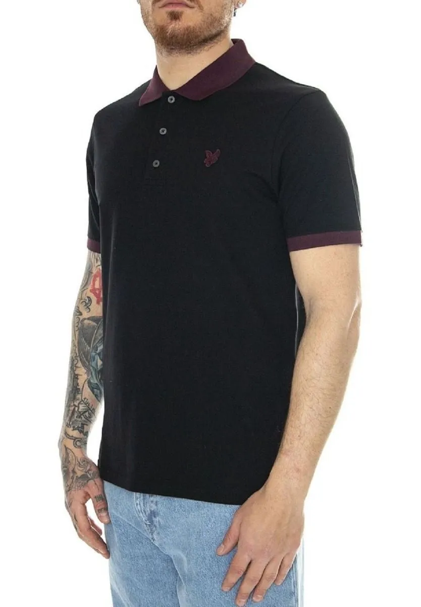 Lyle and Scott Tonal Ringer Short Sleeve Polo Shirt Jet Black Burgundy