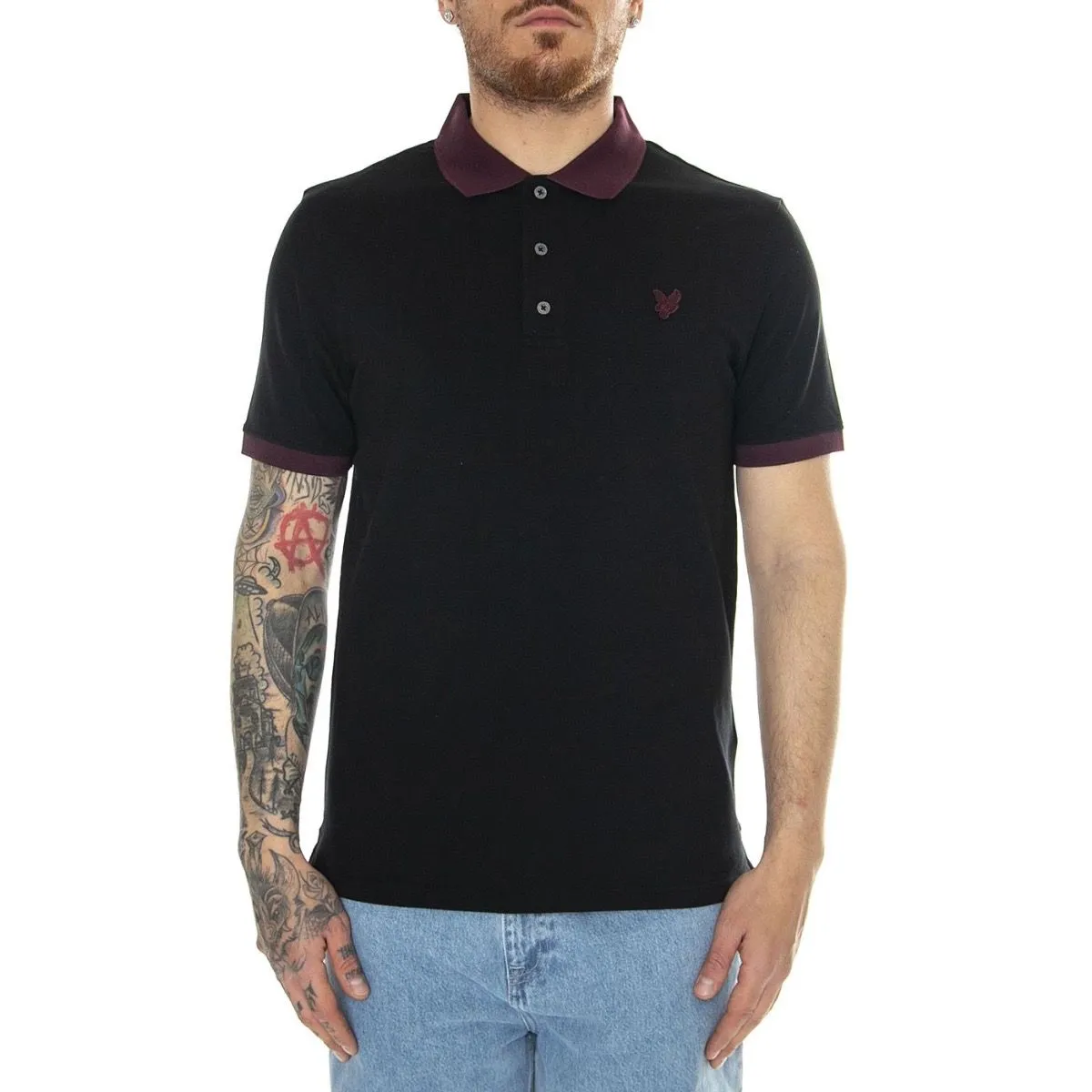 Lyle and Scott Tonal Ringer Short Sleeve Polo Shirt Jet Black Burgundy