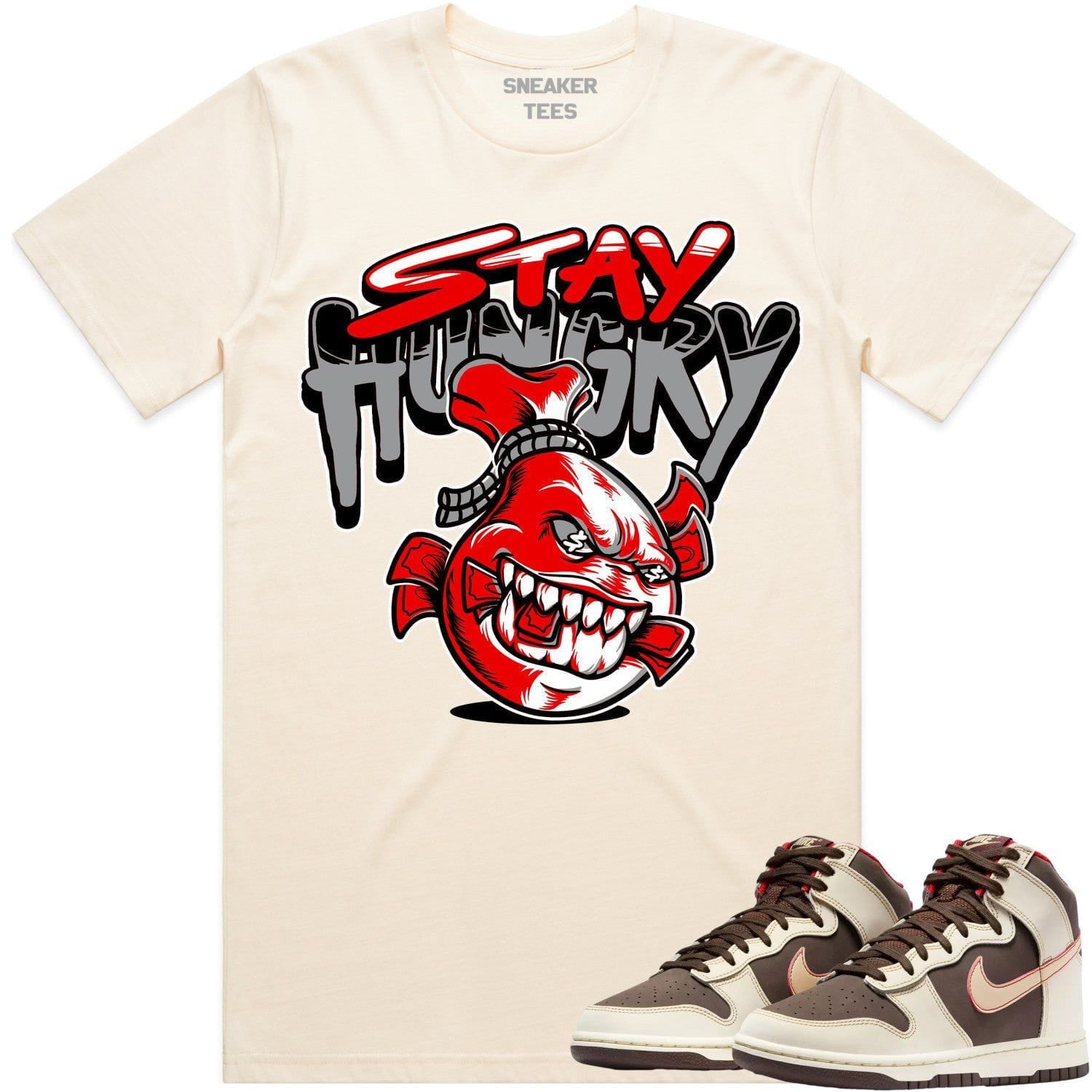 Matching Red Stay Hungry T-shirt for Baroque Brown Dunks