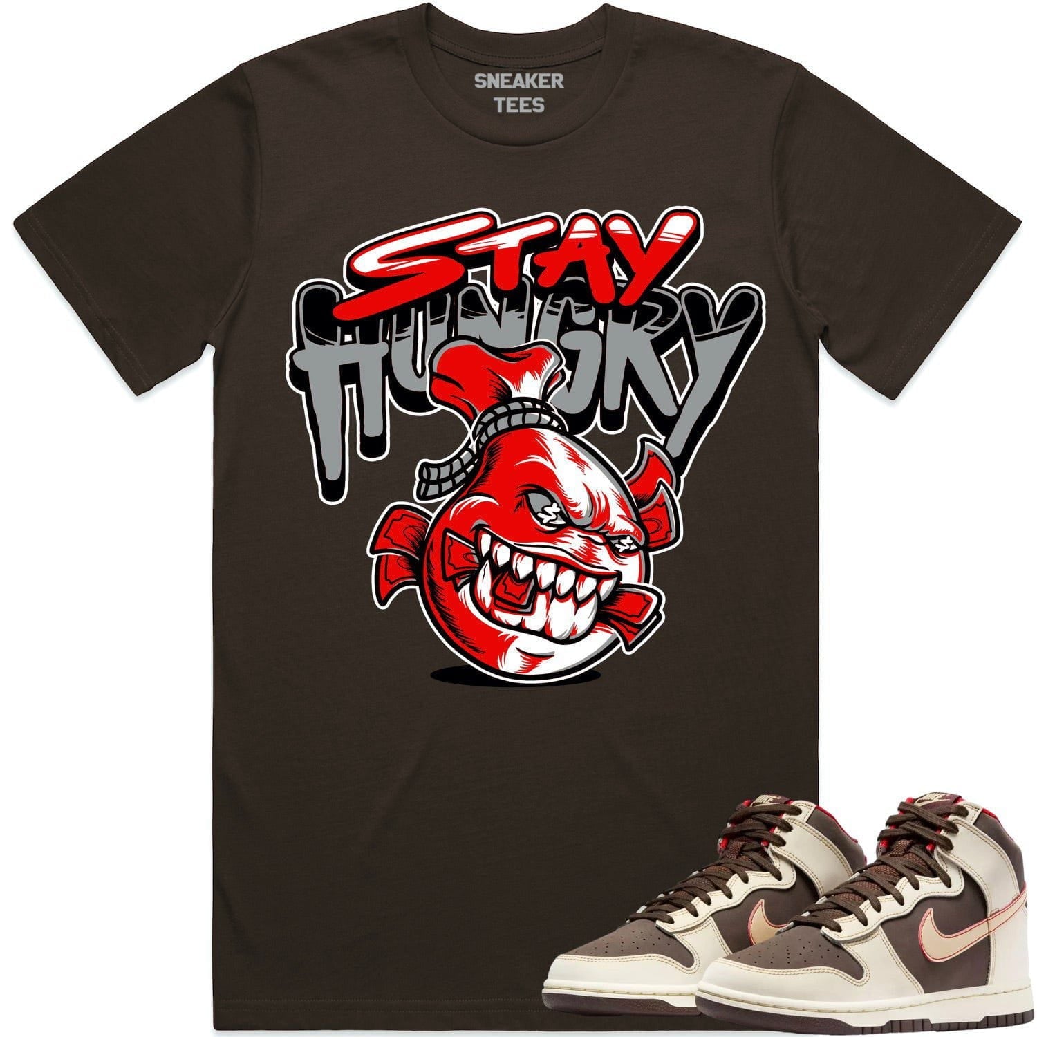 Matching Red Stay Hungry T-shirt for Baroque Brown Dunks