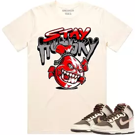 Matching Red Stay Hungry T-shirt for Baroque Brown Dunks