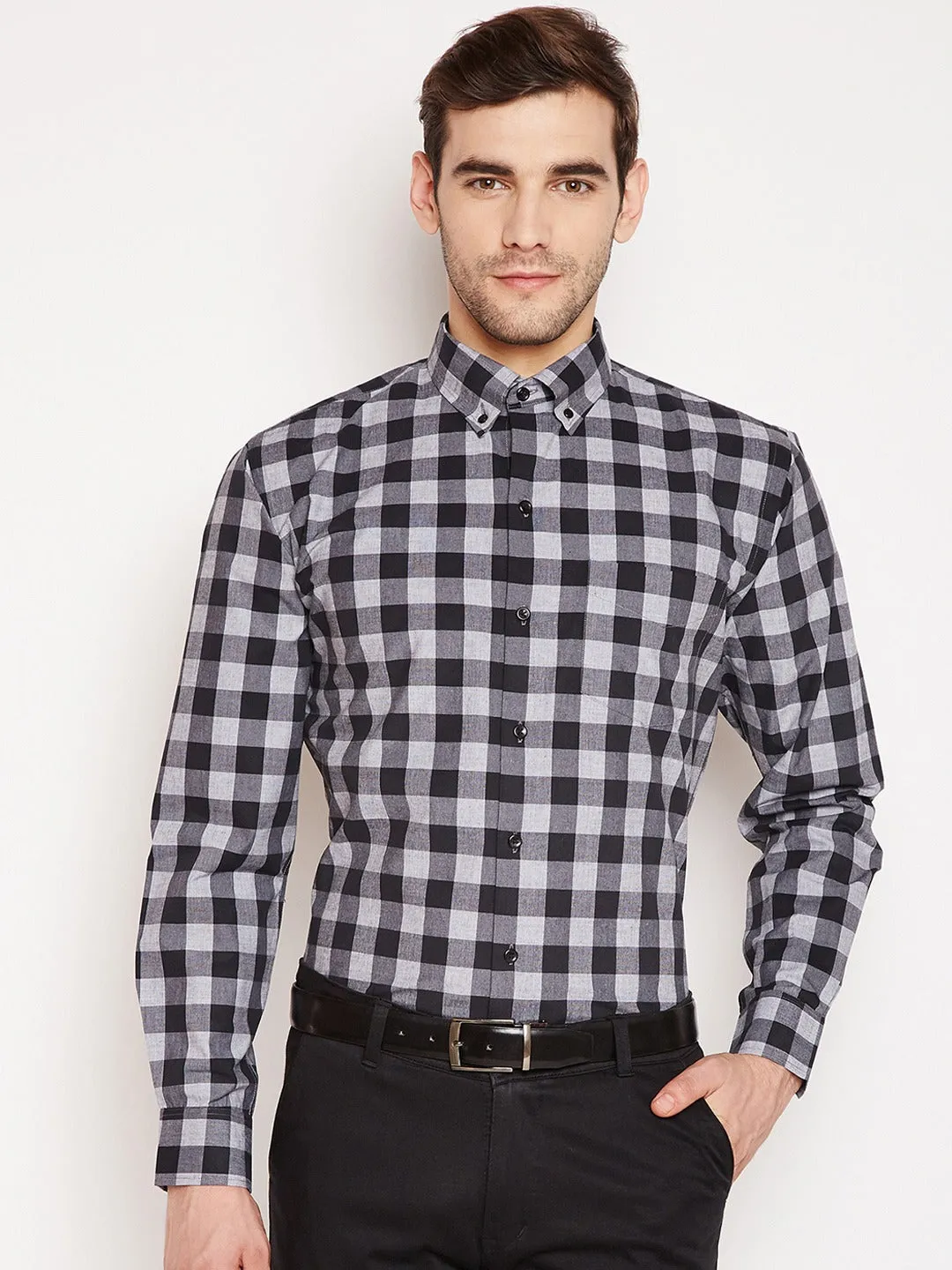 Pure Cotton Slim Fit Men's Black Check Formal Shirt  