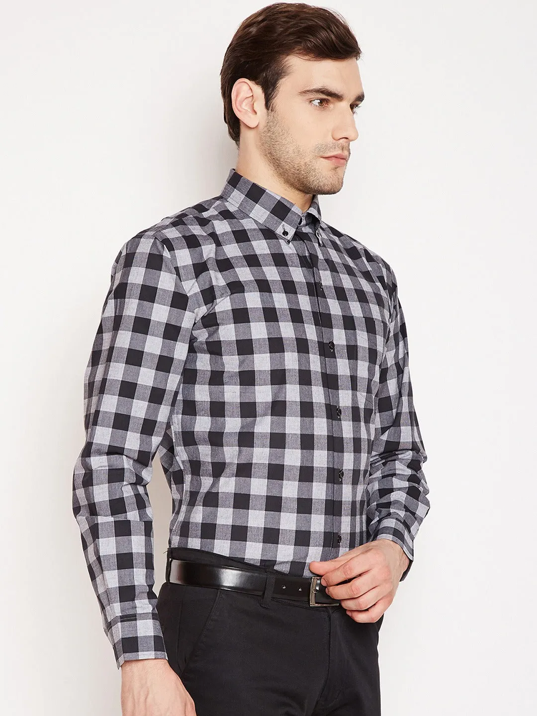 Pure Cotton Slim Fit Men's Black Check Formal Shirt  