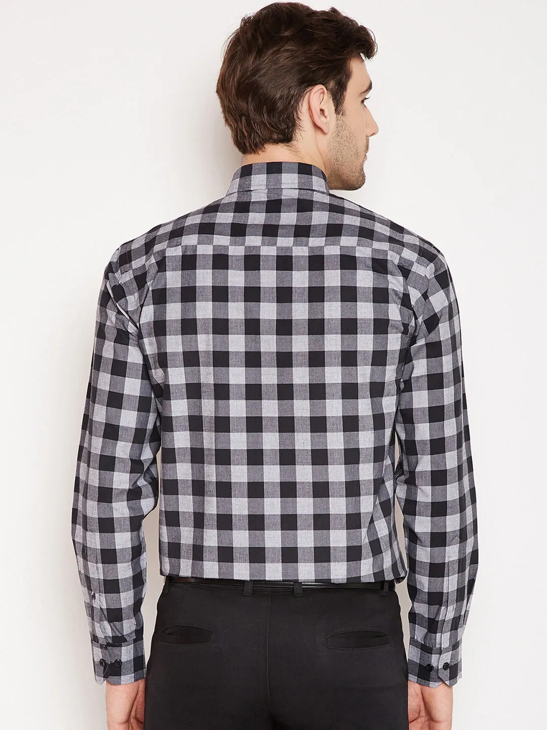 Pure Cotton Slim Fit Men's Black Check Formal Shirt  