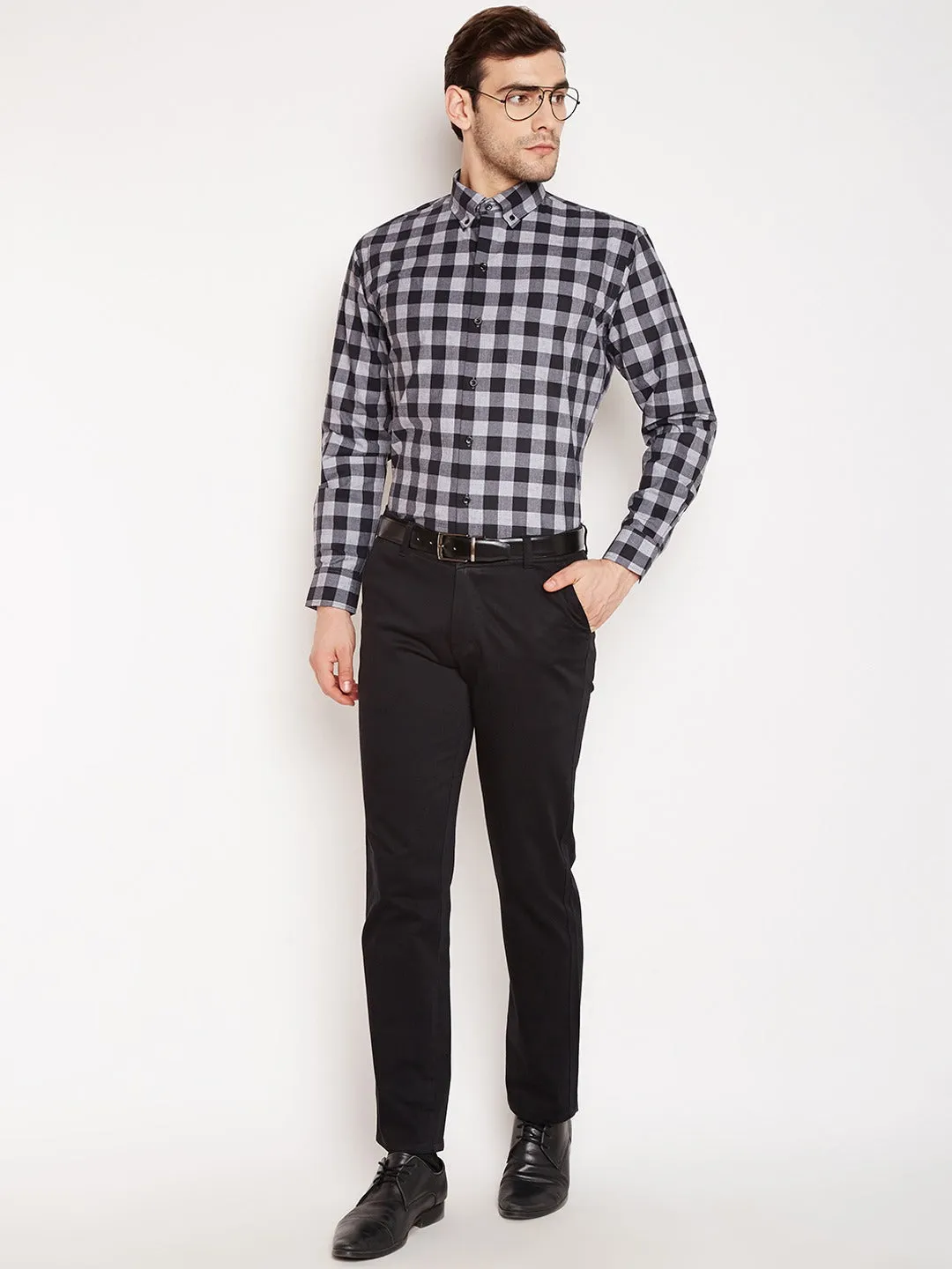 Pure Cotton Slim Fit Men's Black Check Formal Shirt  