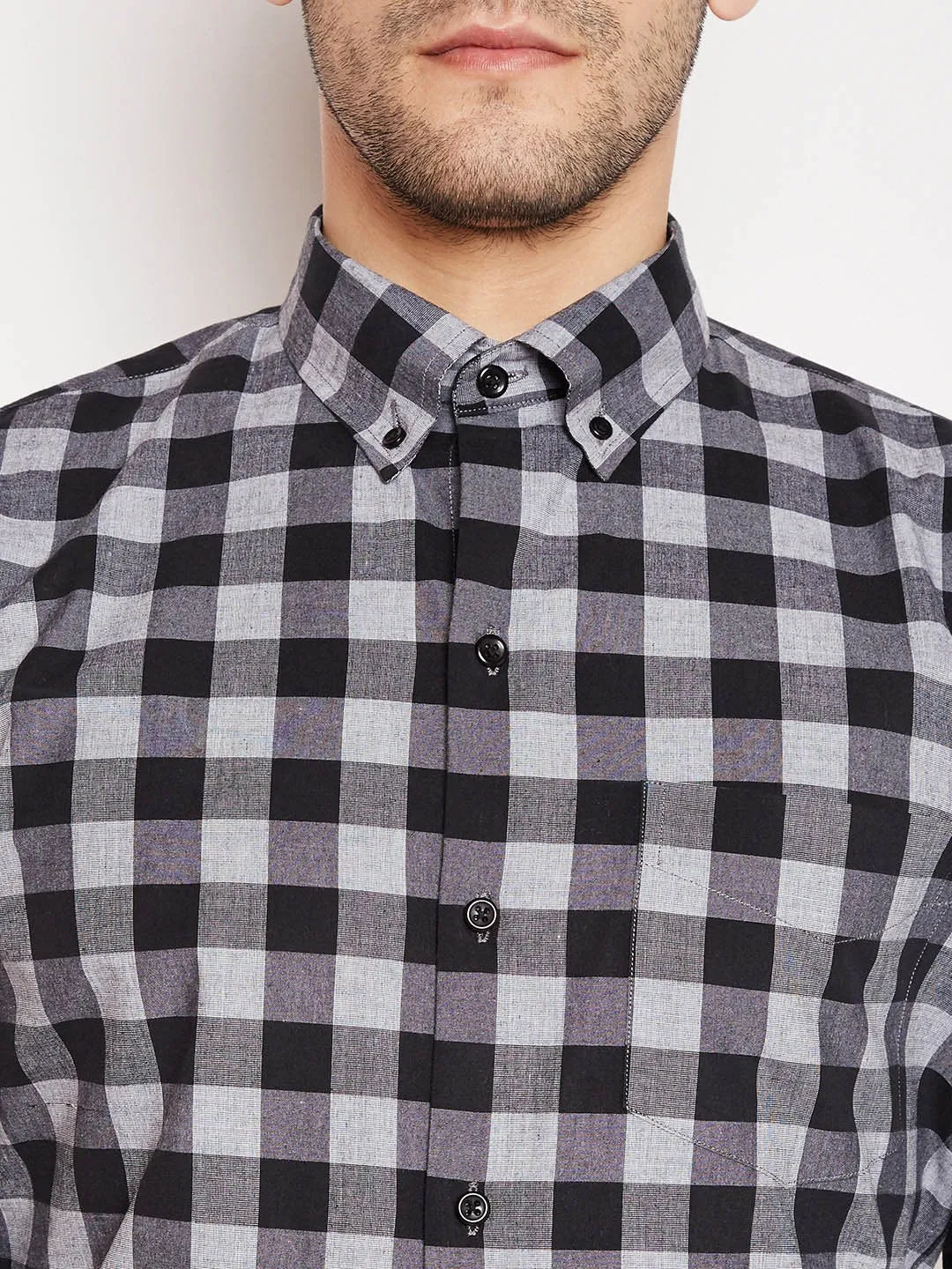 Pure Cotton Slim Fit Men's Black Check Formal Shirt  