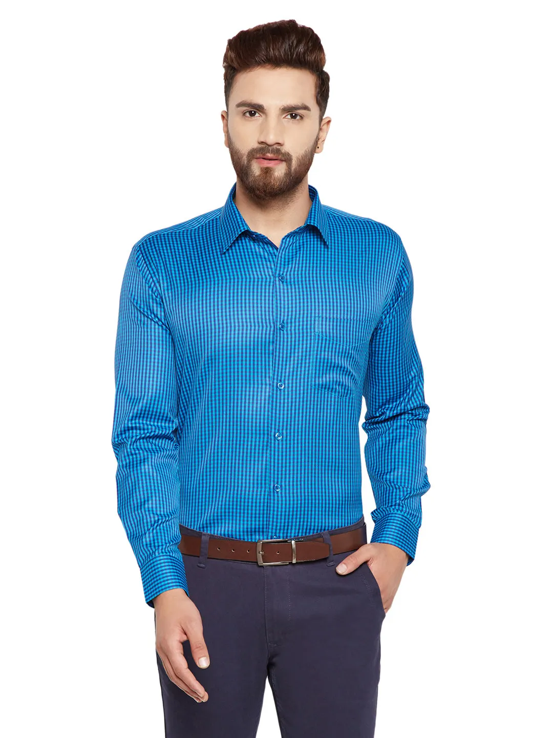 Blue Checked Slim Fit Cotton Formal Shirt for Men