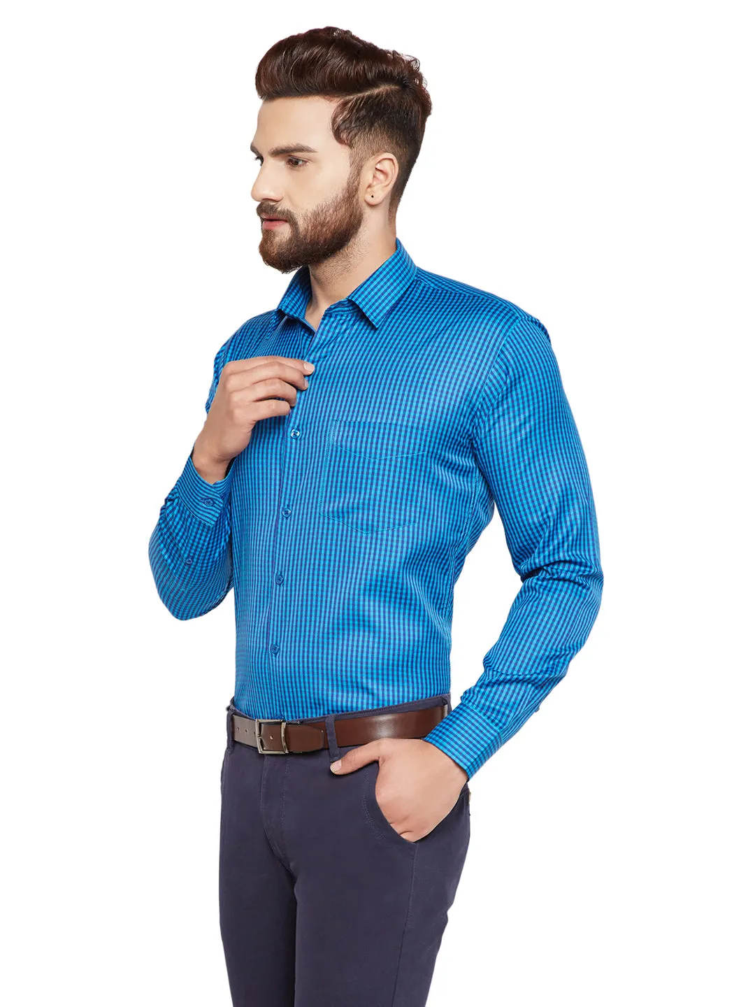 Blue Checked Slim Fit Cotton Formal Shirt for Men