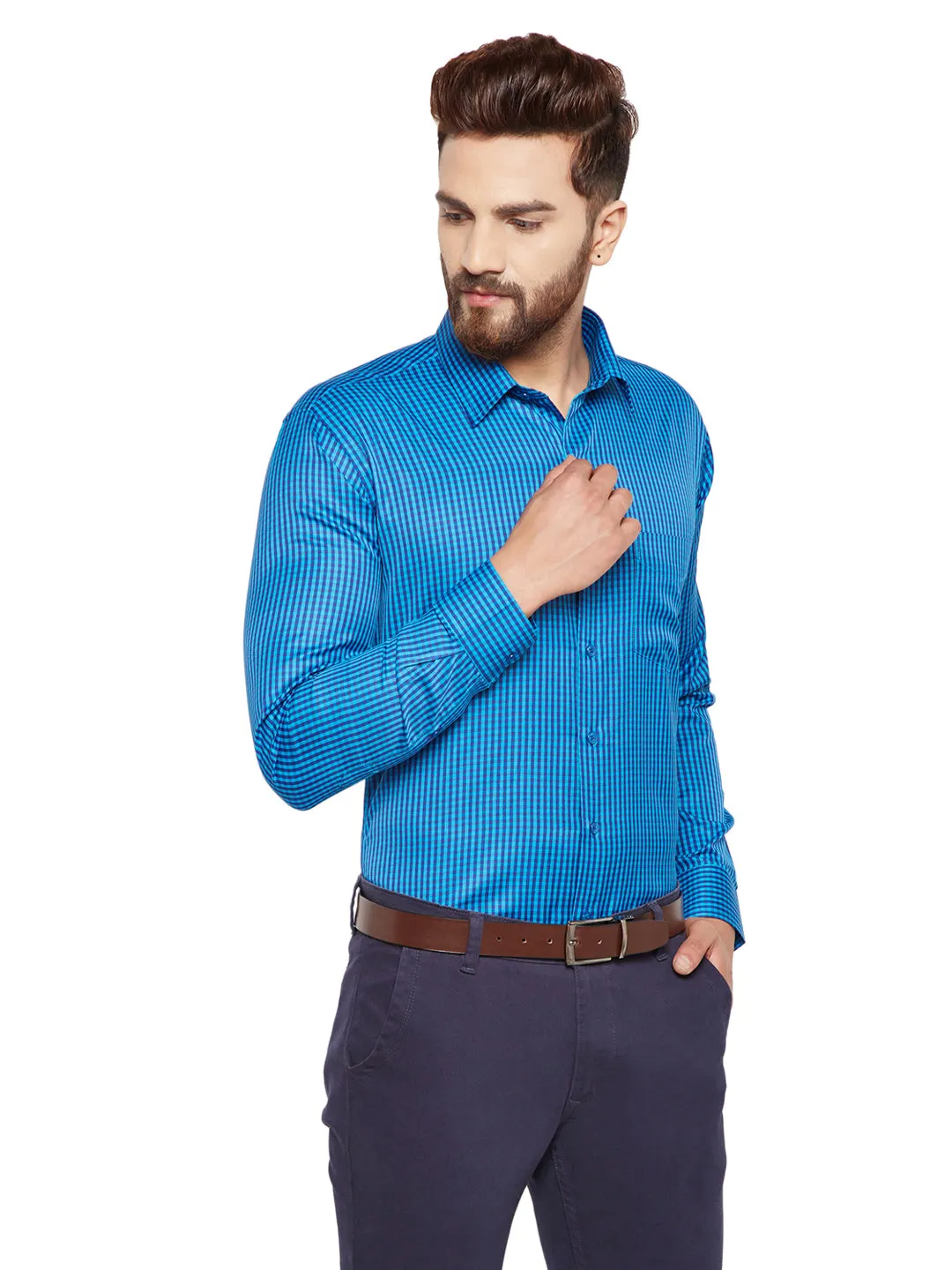 Blue Checked Slim Fit Cotton Formal Shirt for Men