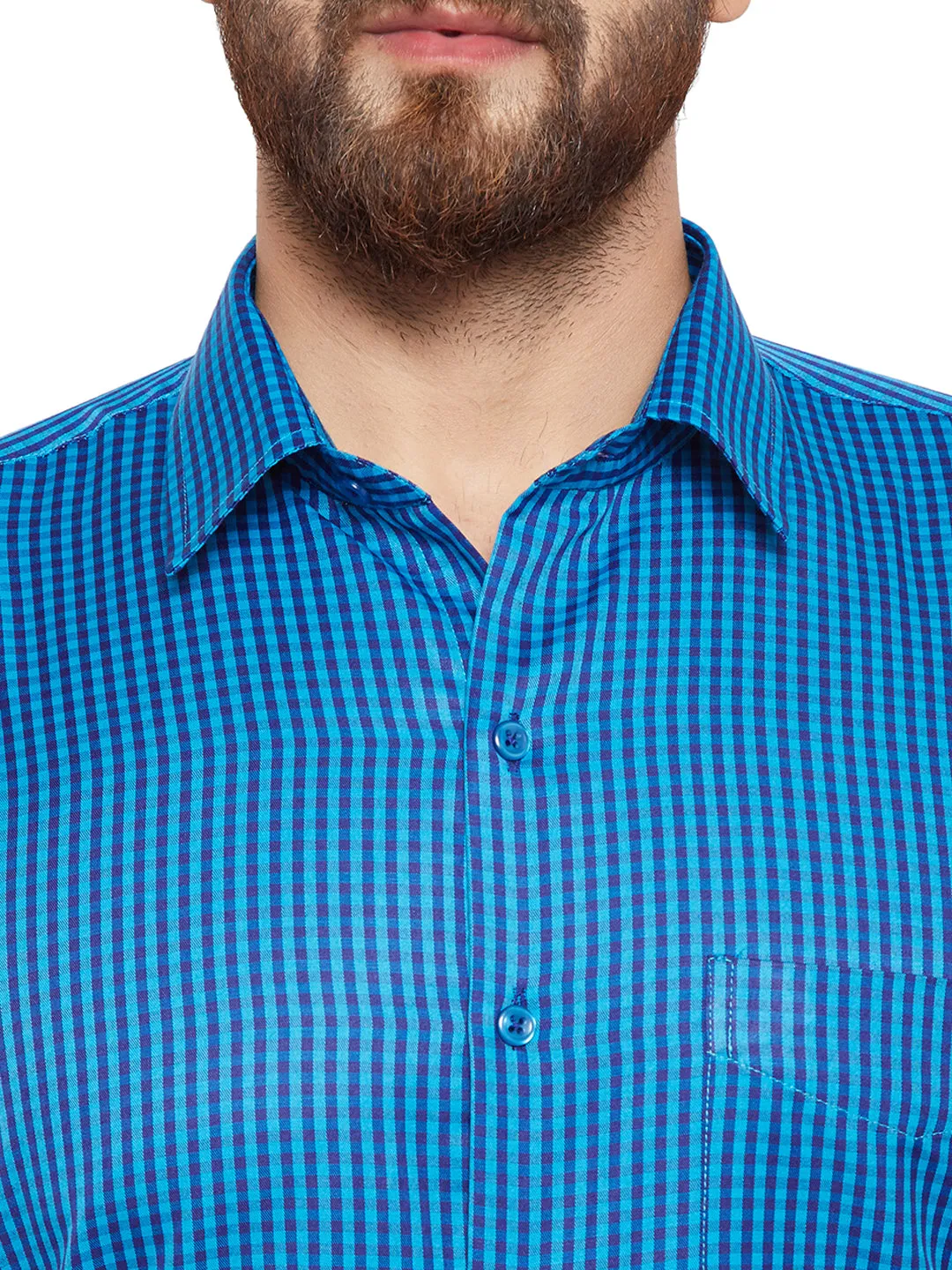 Blue Checked Slim Fit Cotton Formal Shirt for Men