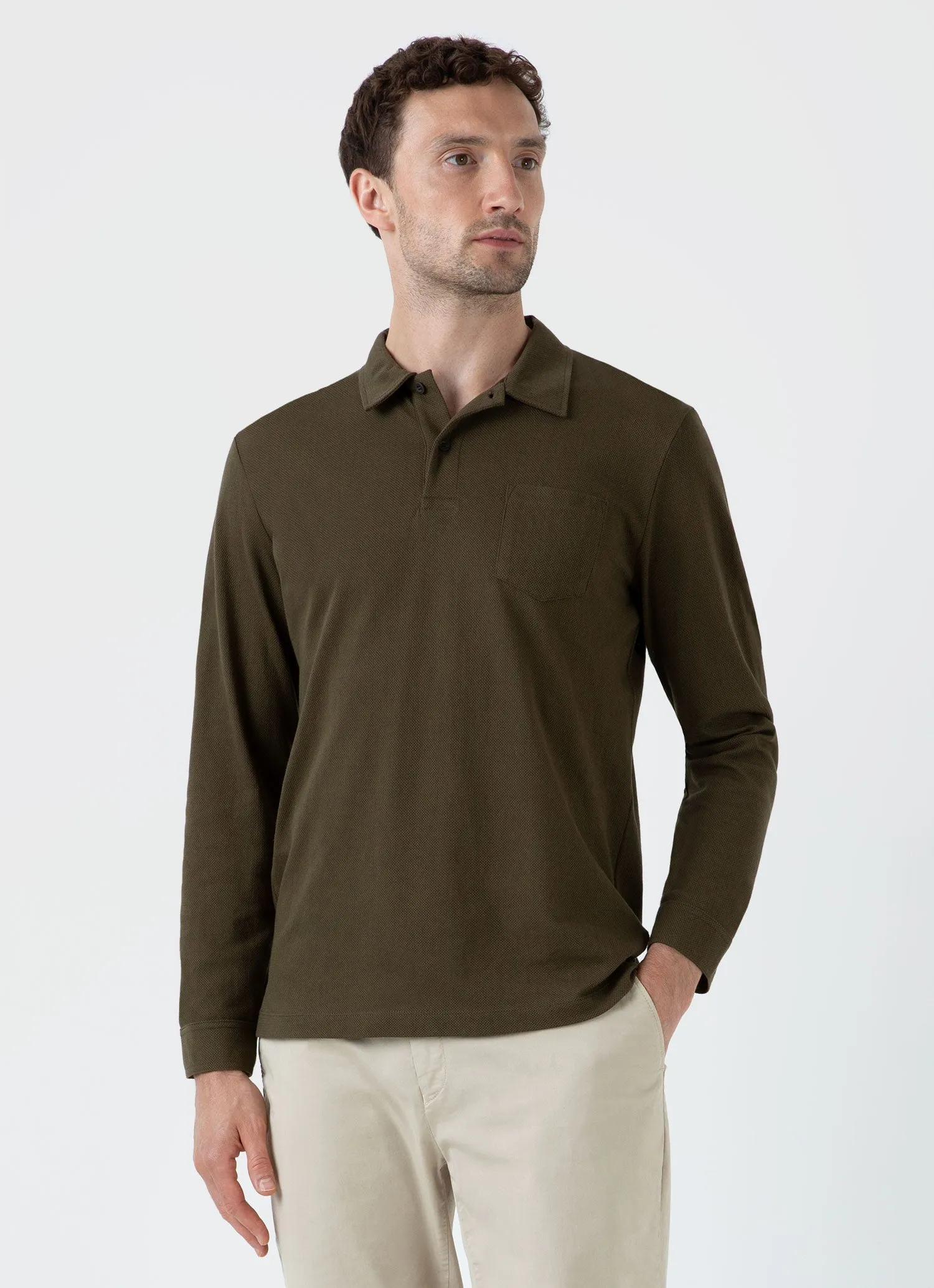 Long Sleeve Polo Shirt for Men in Dark Olive - Riviera Style