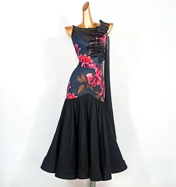 Midnight Blue Floral Ballroom Practice Dress with Attached Float and Ruffle Detail on Bodysuit