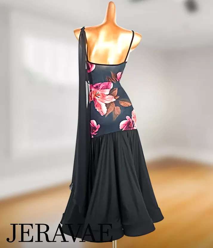 Midnight Blue Floral Ballroom Practice Dress with Attached Float and Ruffle Detail on Bodysuit