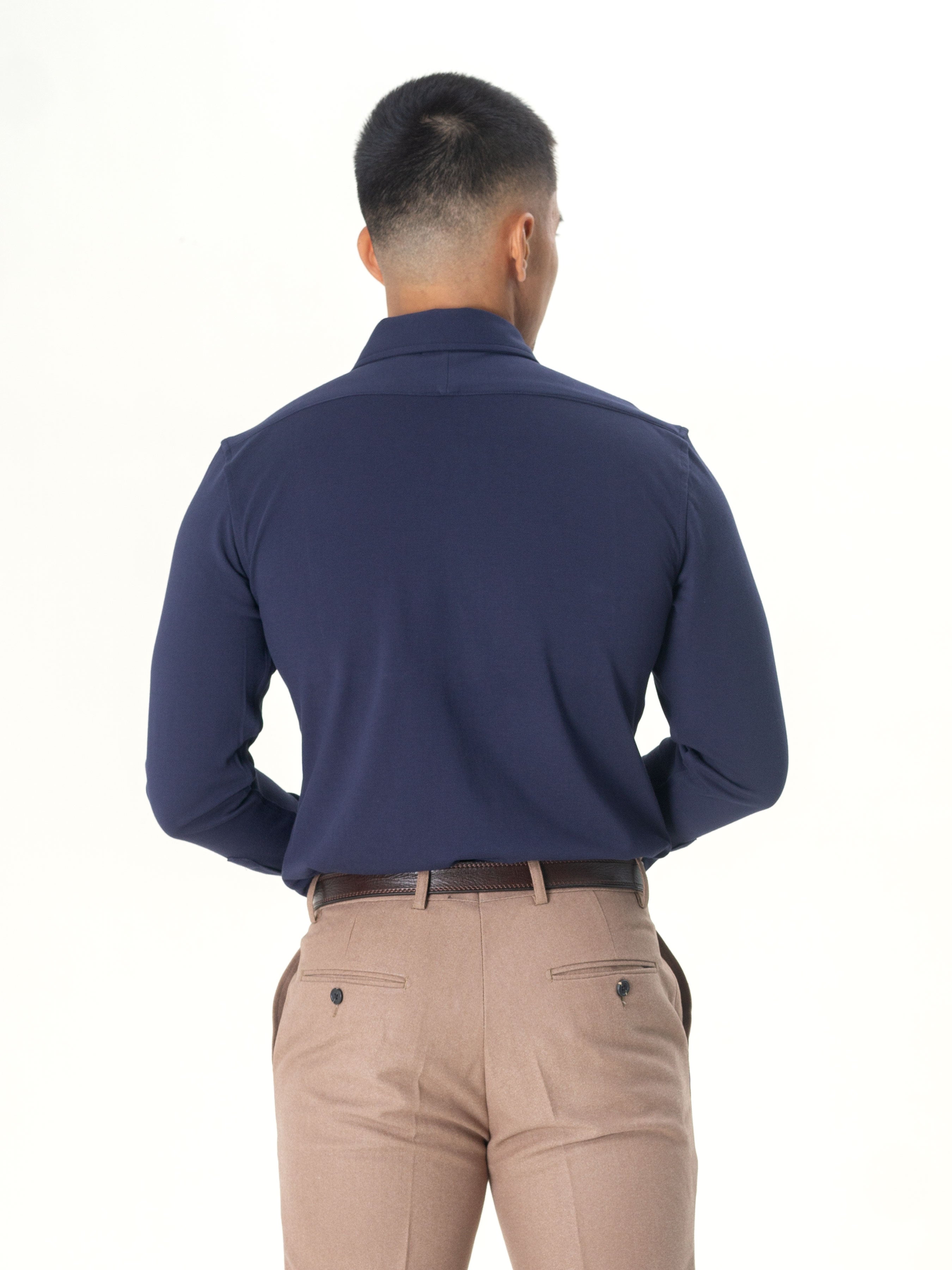 Navy Blue Button Down Long Sleeve Polo Shirt