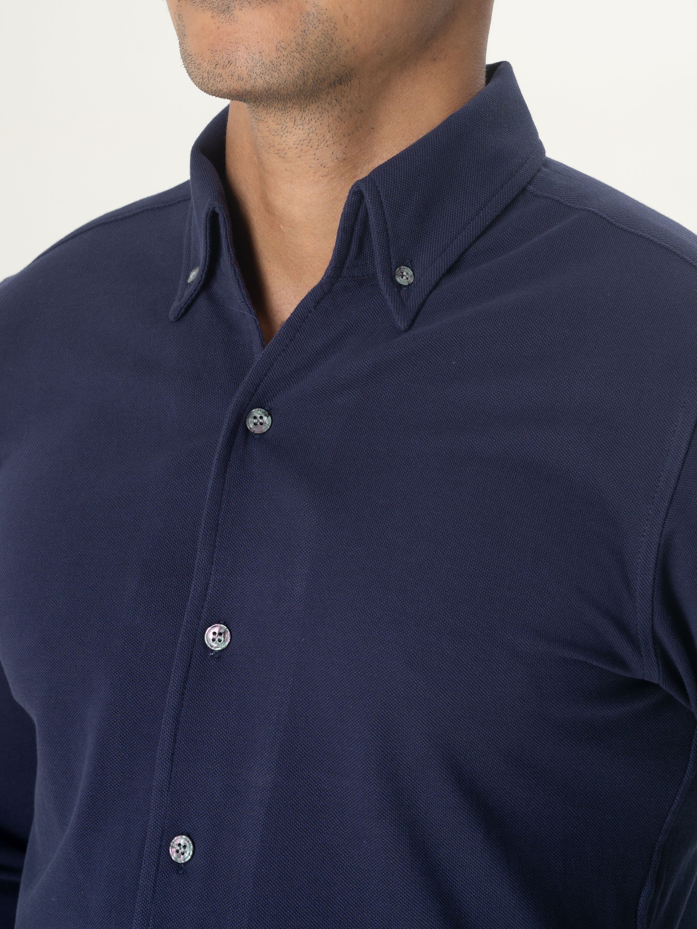 Navy Blue Button Down Long Sleeve Polo Shirt