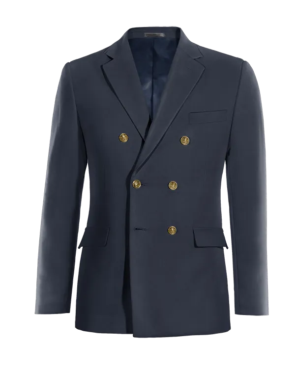 Navy blue mid-season double-breasted blazer.