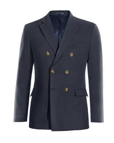 Navy blue mid-season double-breasted blazer.