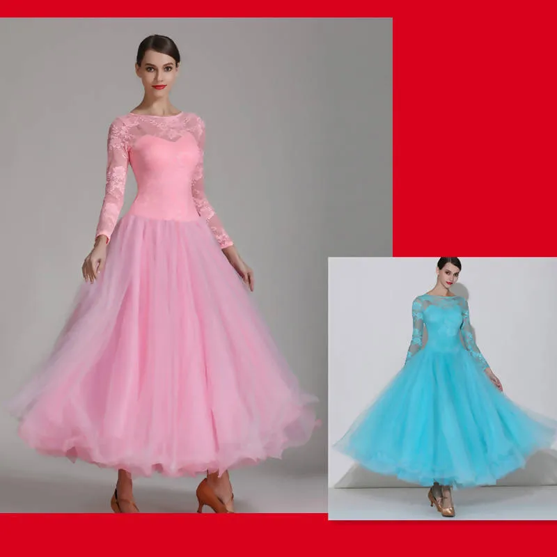 New Elegant Pink and Blue Ballroom Dress with Lace - Style 7031