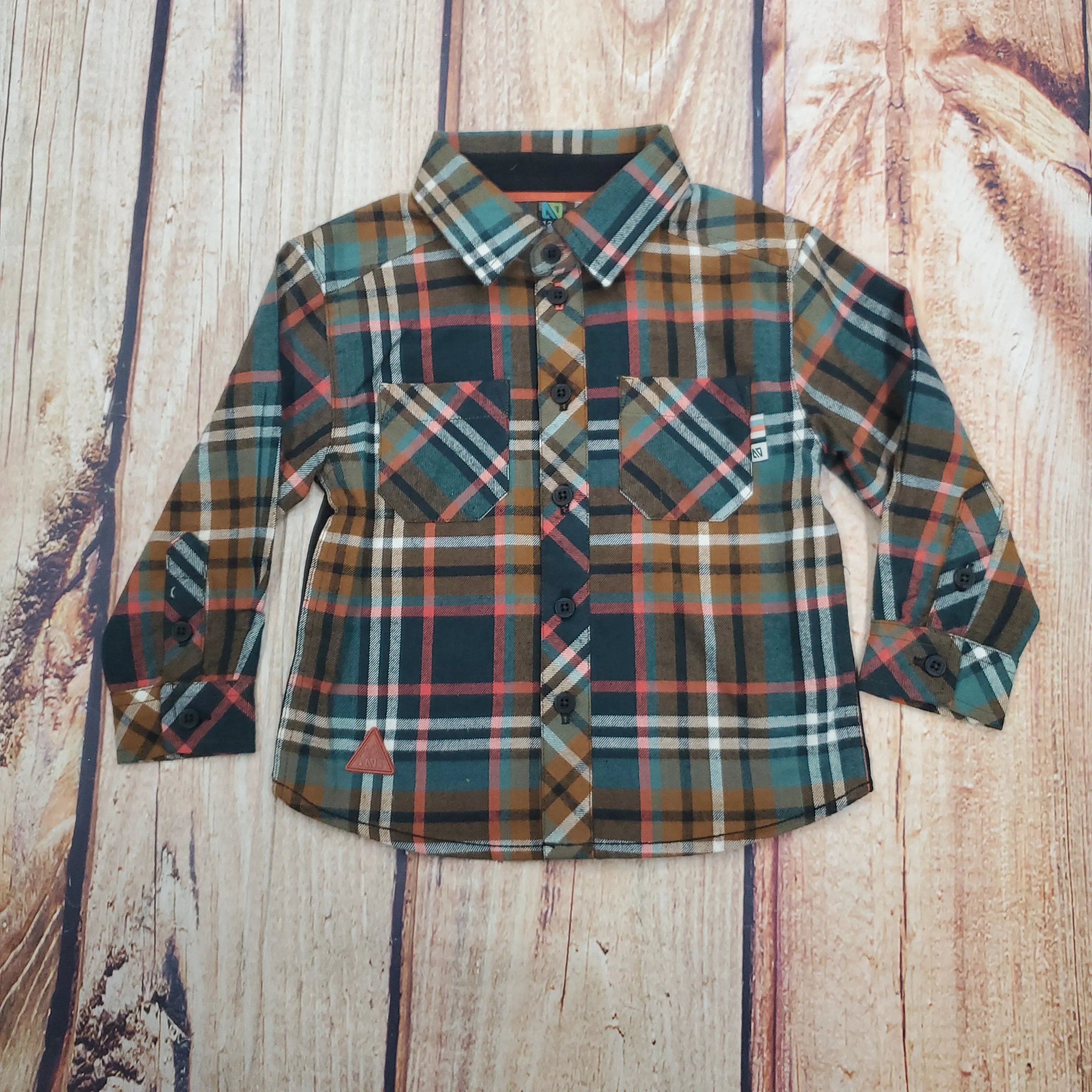 NORUK Boys Brown Green Plaid Long Sleeve Shirt