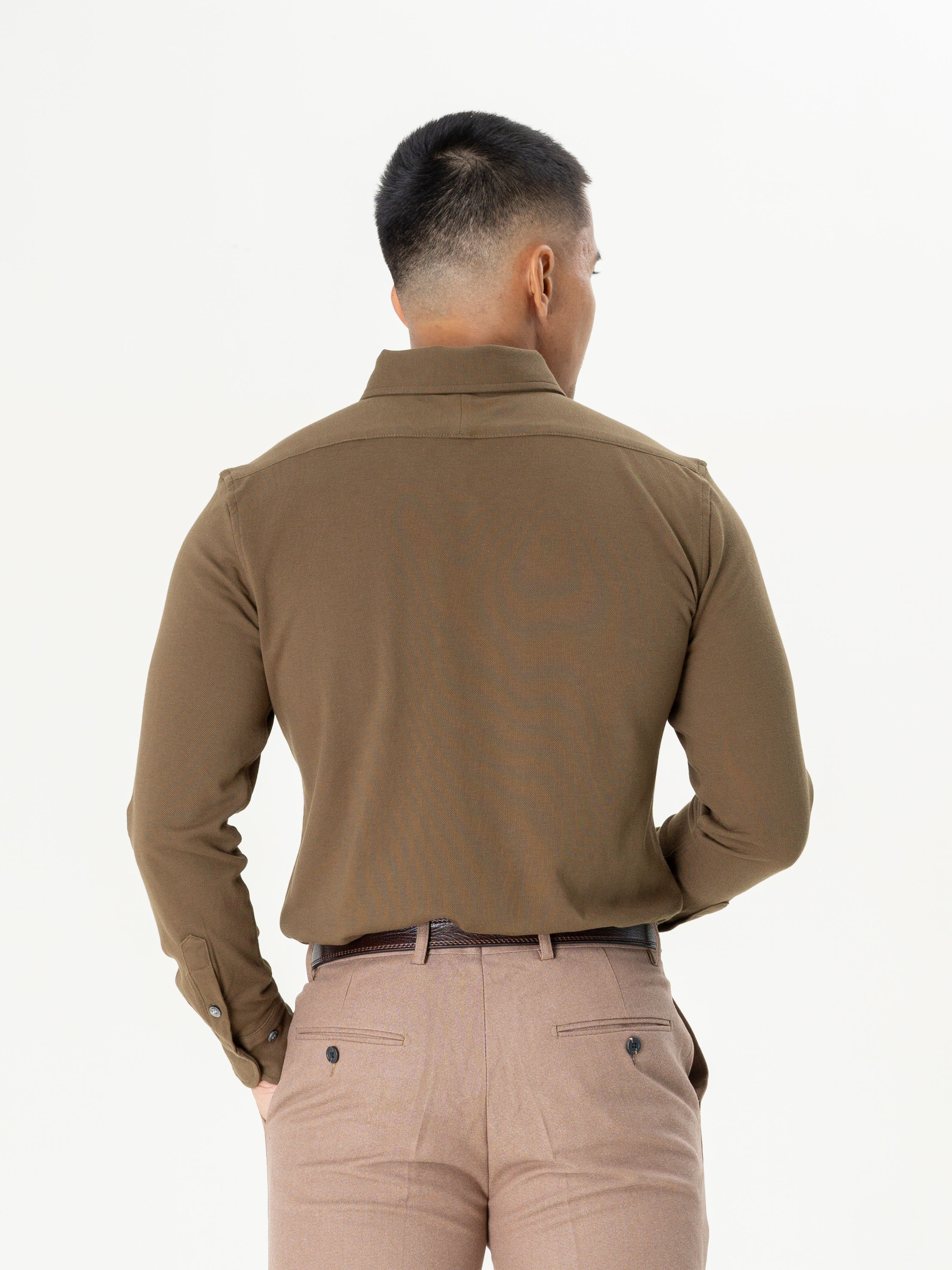 Olive Green Long Sleeve Polo Shirt - Button Down