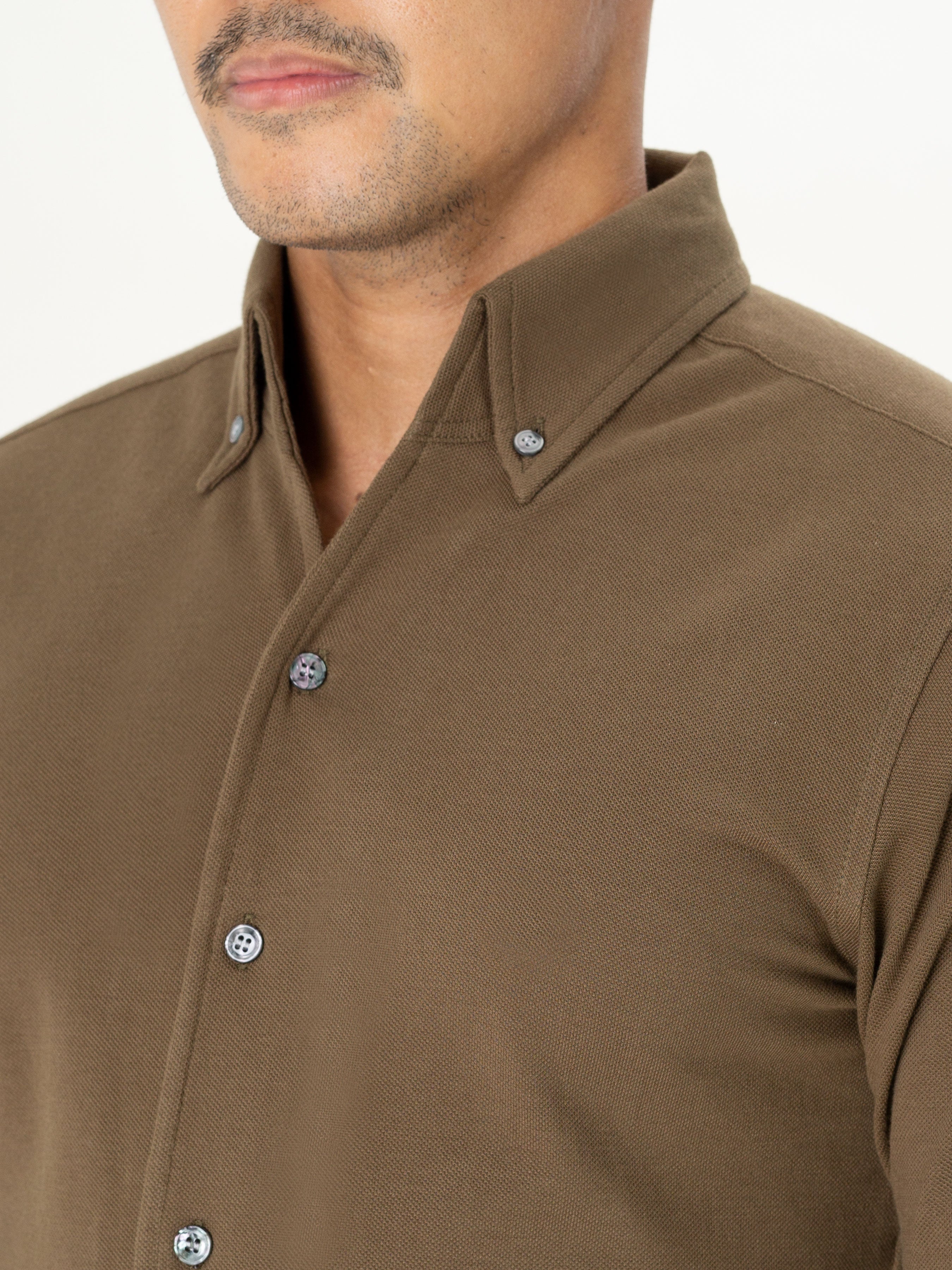 Olive Green Long Sleeve Polo Shirt - Button Down