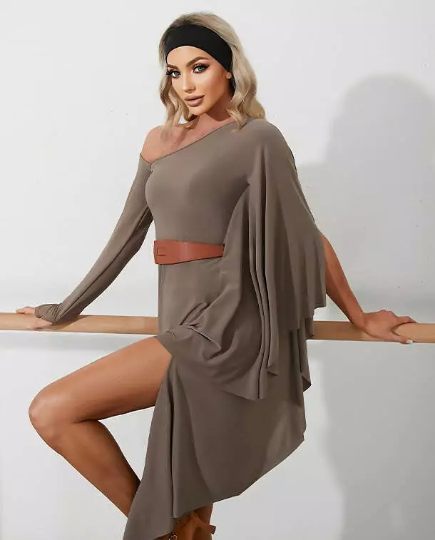 One-Shoulder Dance Dress in Brown/Black for Practice | Timeless Style | Product Code 2246