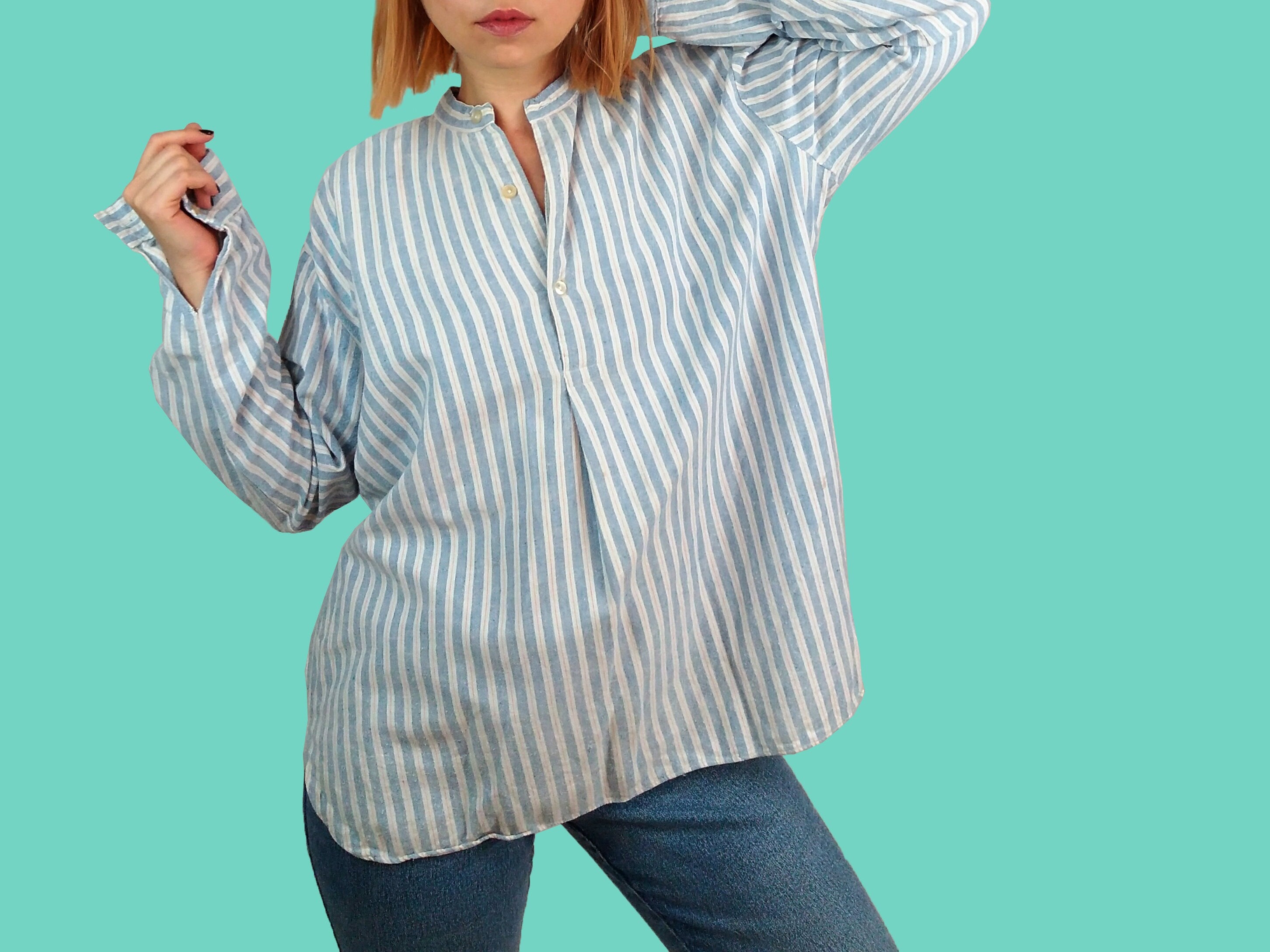 Oversized linen tunic blouse with stripes