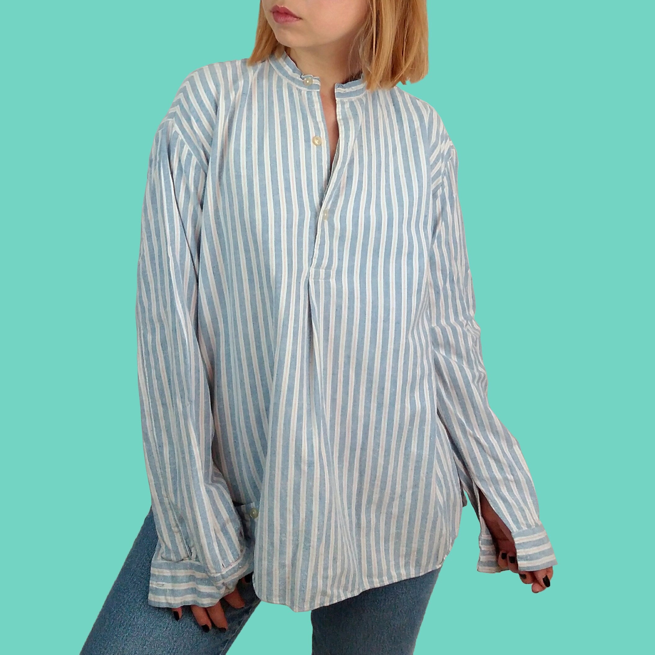 Oversized linen tunic blouse with stripes