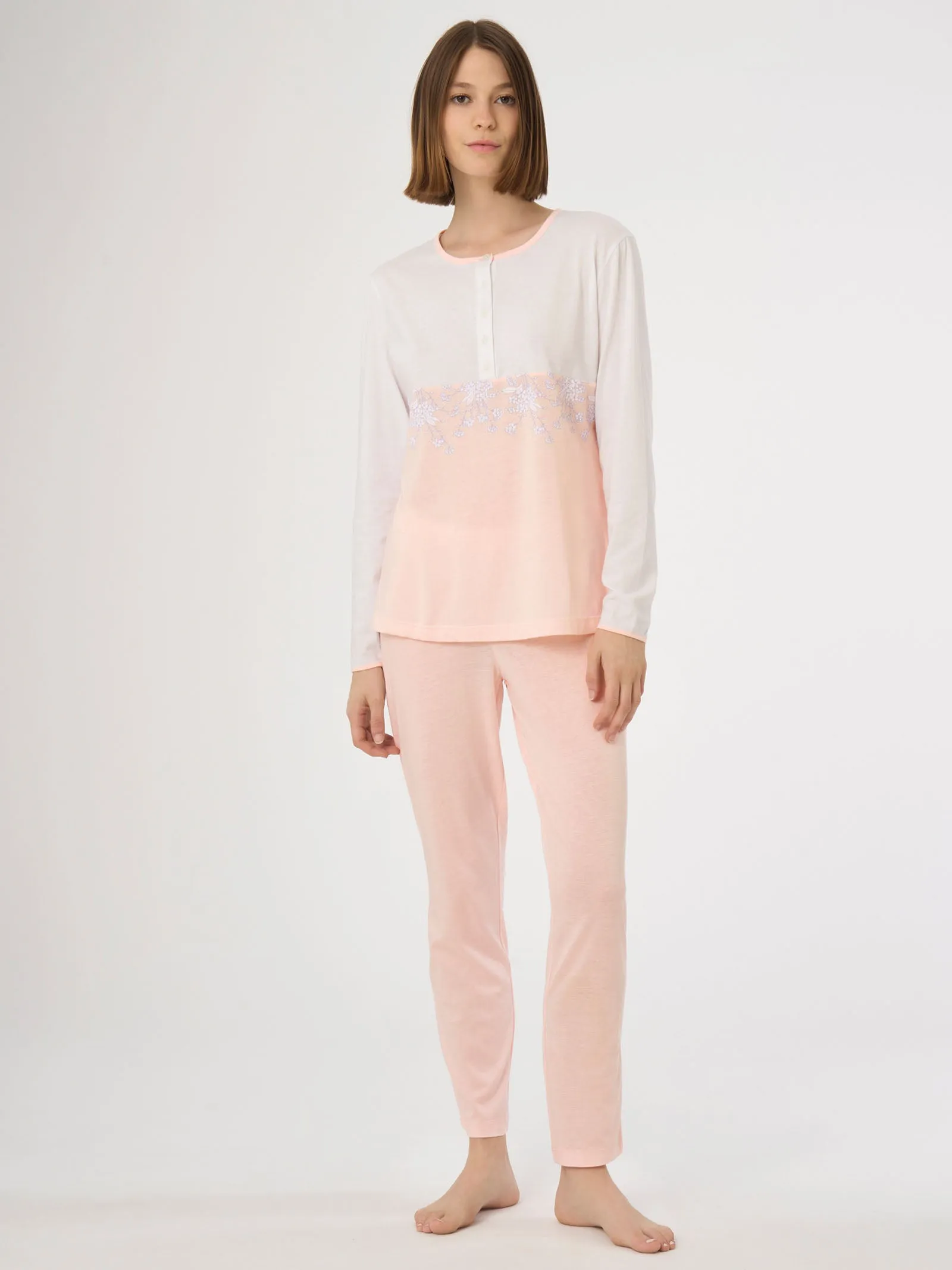 Cotton and Modal Long Sleeve Henley Pajama - Orchid Ice Fantasy