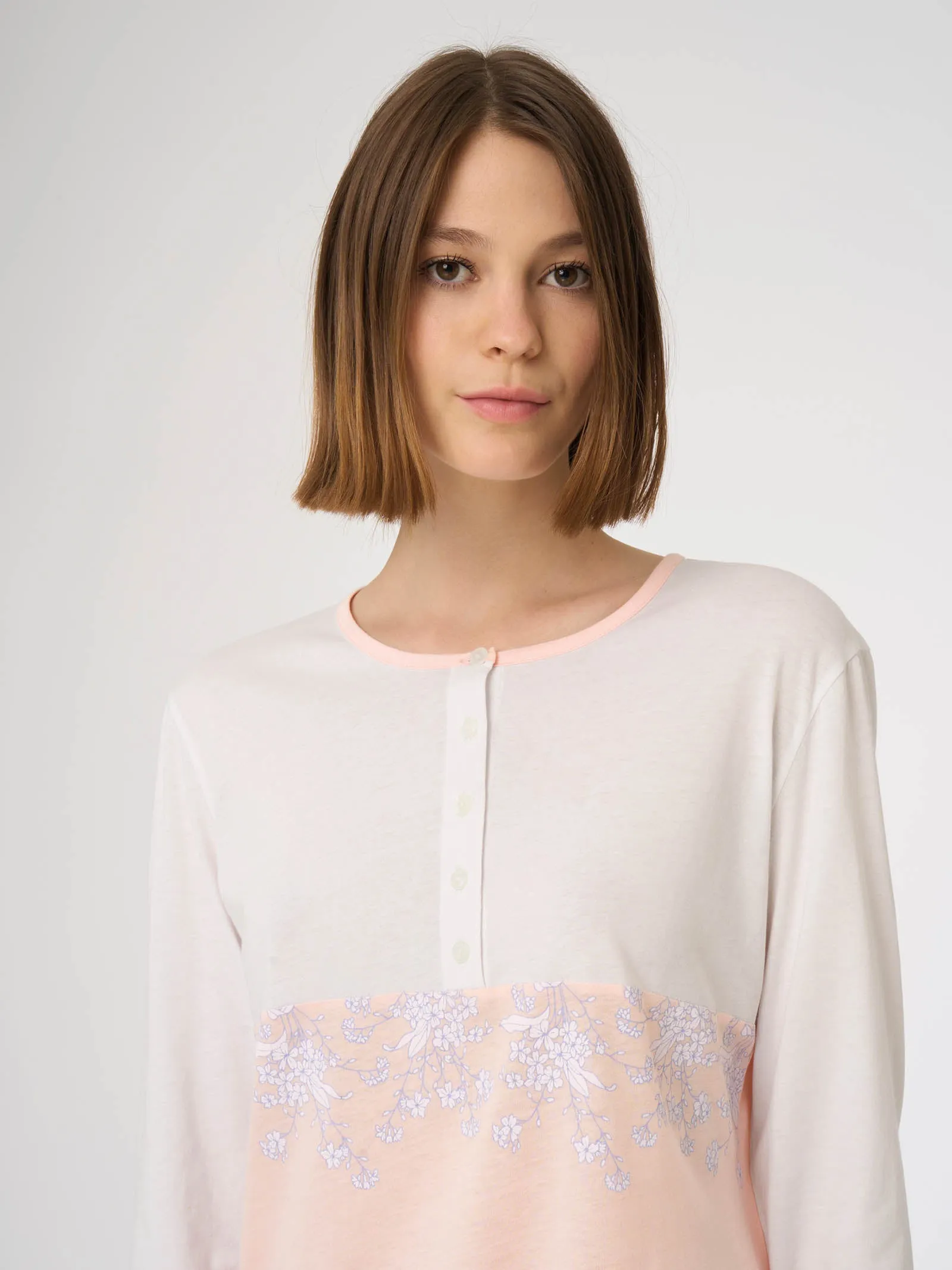 Cotton and Modal Long Sleeve Henley Pajama - Orchid Ice Fantasy