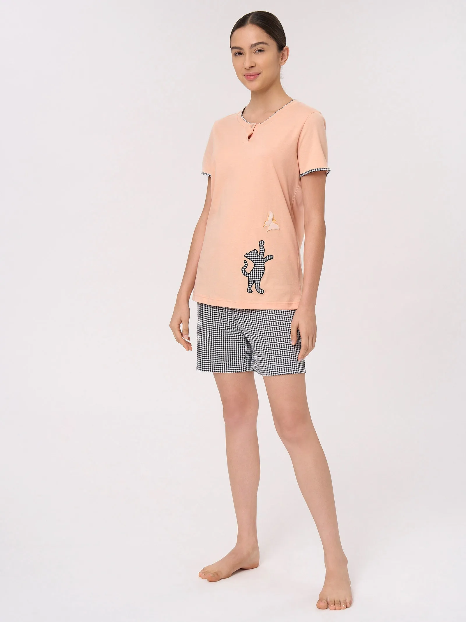 Short-Sleeve Cotton Jersey Henley Pajamas Fant. Peach Parfait