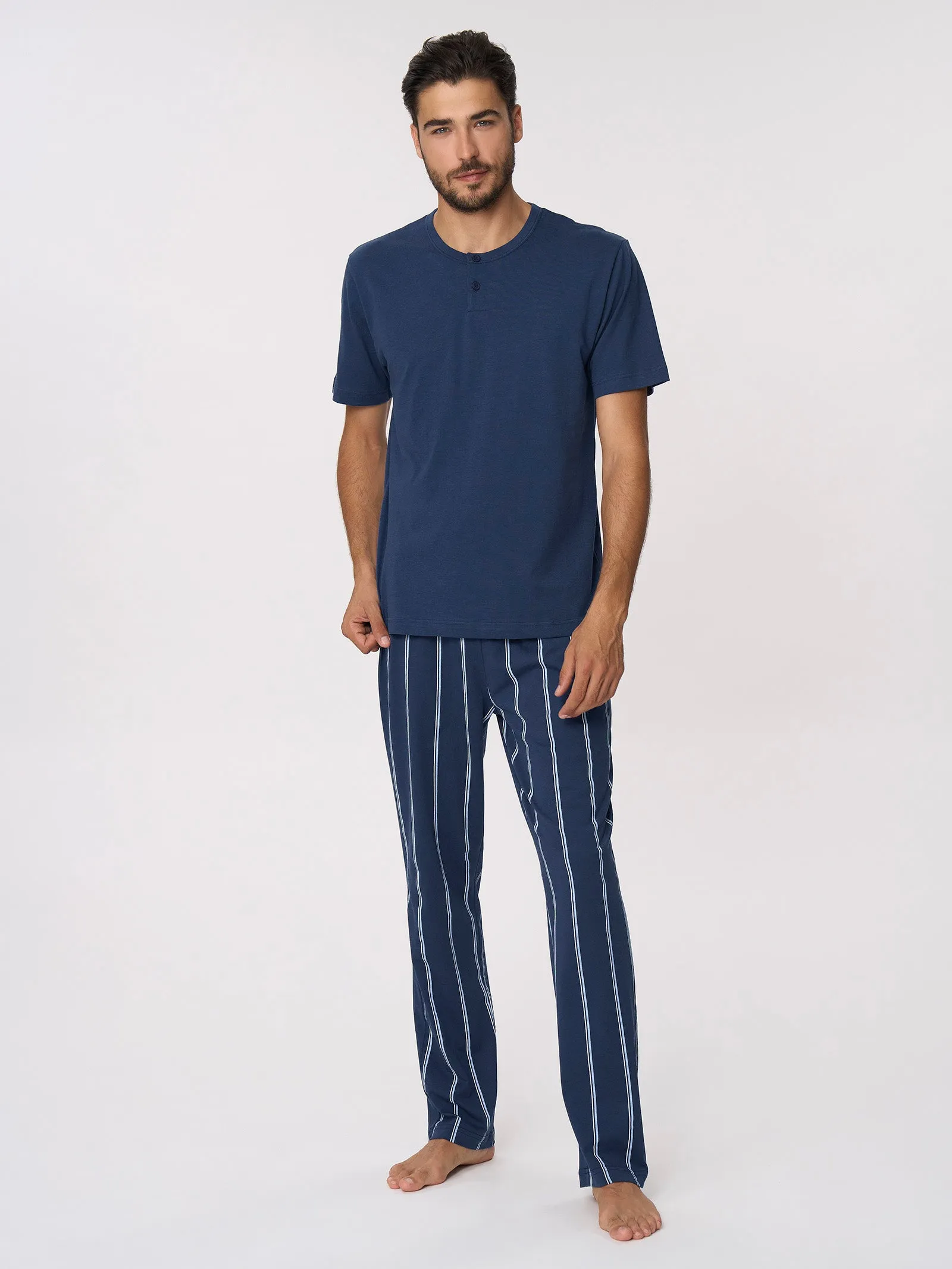 Cotton Jersey Three-Piece Pajama Set Fant. Vertical Stripes Insignia Bleu